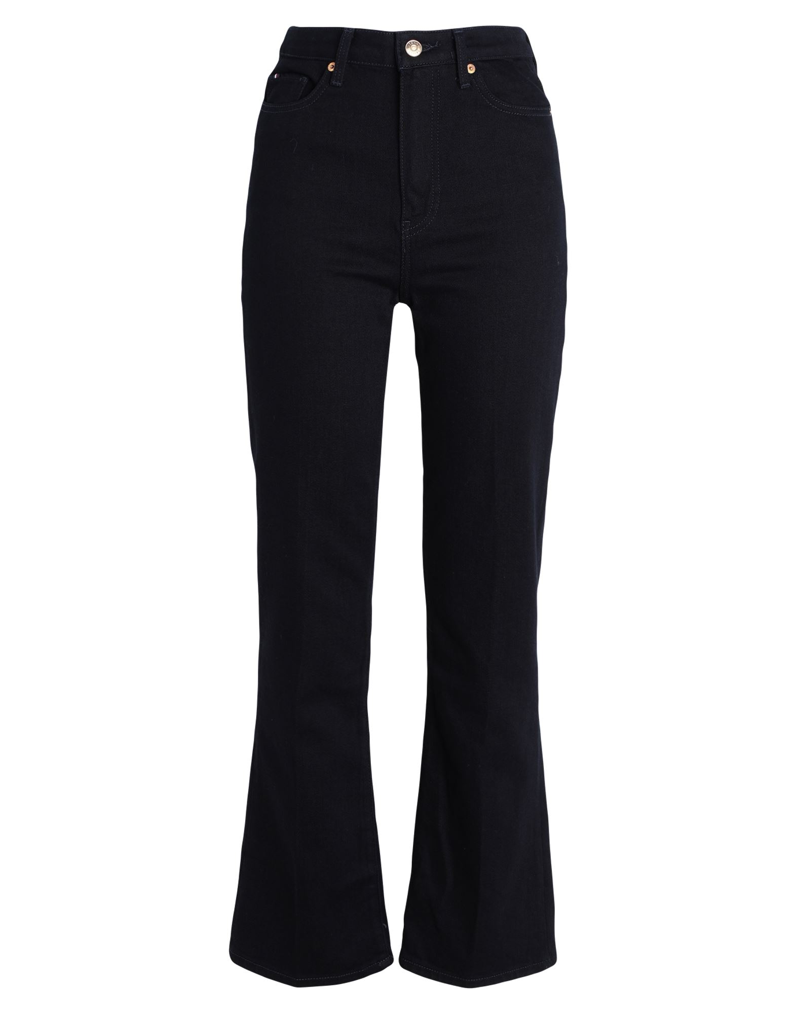 데님, 브랜드 로고, 솔리드 컬러, 다크 워싱, 하이 웨이스트, 벨트 루프, 플레어 레그 스타일, 레귤러 핏, 1 버튼, 지퍼 클로저, 포켓 5개, 플레어 레그 스타일. 이미지