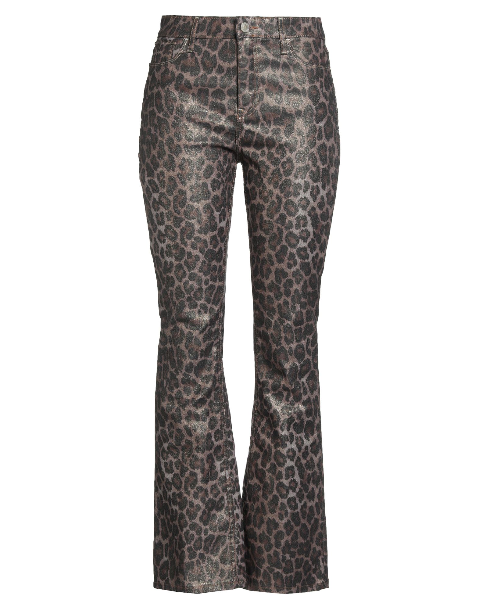 플레어 팬츠, 우븐, 스트레치 패브릭, 레오파드 패턴, 글리터 효과, 브랜드 로고, 하이 웨이스트, 벨트 루프, 레귤러 핏, 1 버튼, 지퍼 여밈, 멀티 포켓, 세탁기로 세탁, 표백 금지, 건조기 사용불가. 이미지