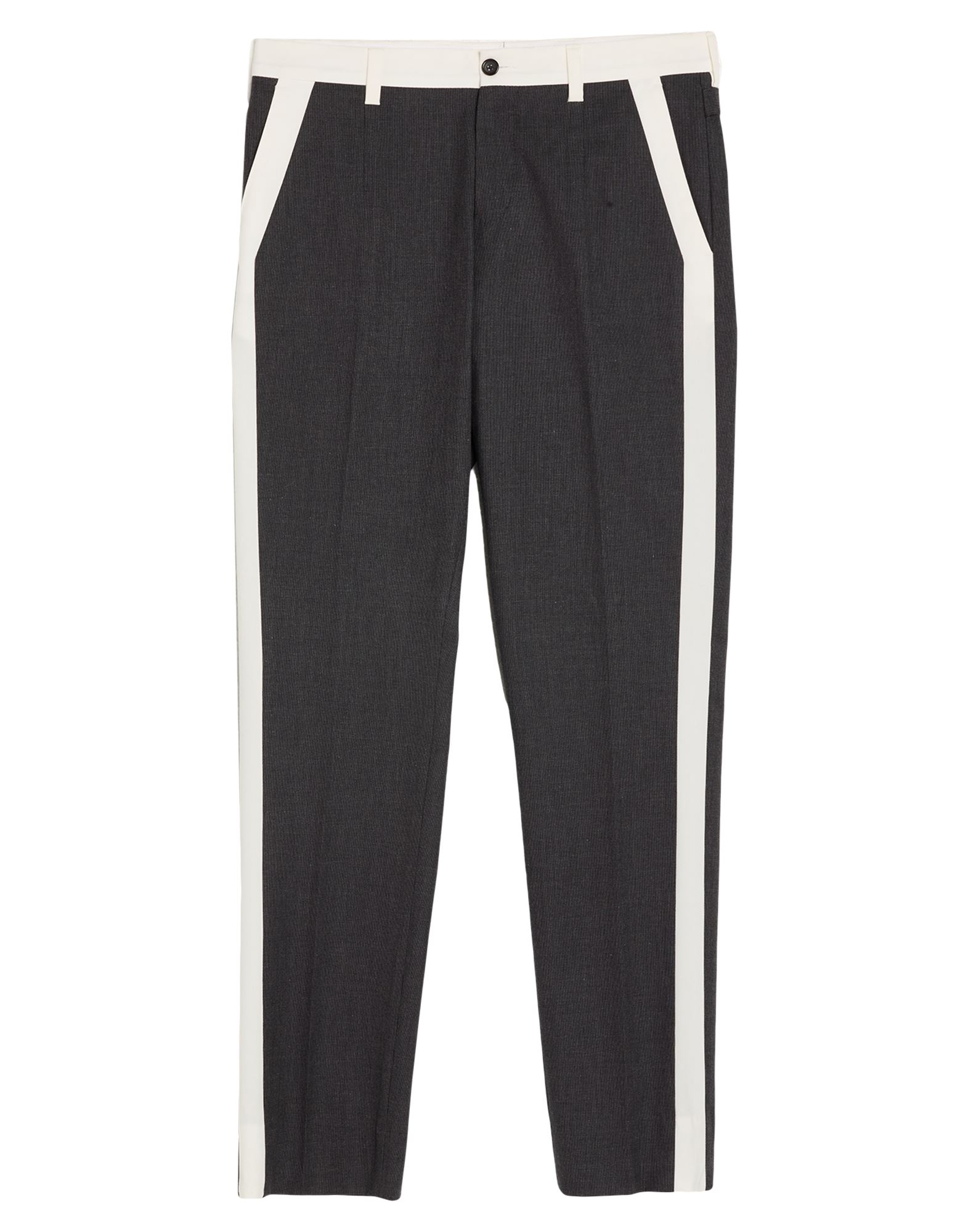 테일러드 팬츠, 우븐, 투톤 패턴, 사이드 스트라이프, 노멀 웨이스트, 벨트 루프, 테이퍼드 레그, 레귤러 핏, 버튼 여밈, 지퍼 여밈, 슬릿 포켓, 웰트 포켓, 드라이클리닝, 표백 금지, 건조기 사용불가. 이미지