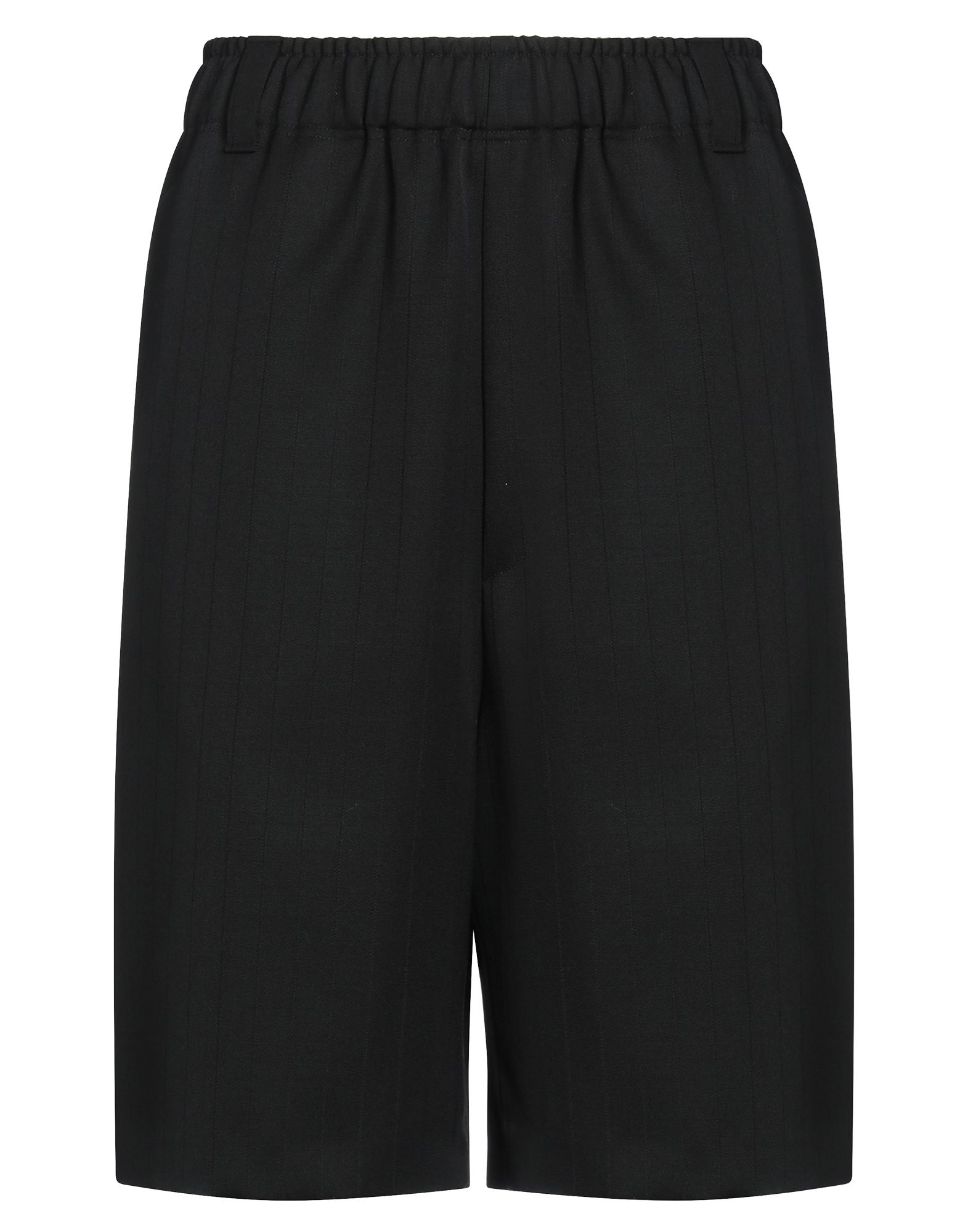 버뮤다 쇼츠, 울, 핀스트라이프, 장식 부착 없음, 하이 웨이스트, 엘라스틱 웨이스트라인, 레귤러 핏, 멀티 포켓, 드라이클리닝, 표백 금지, 건조기 사용불가. 이미지