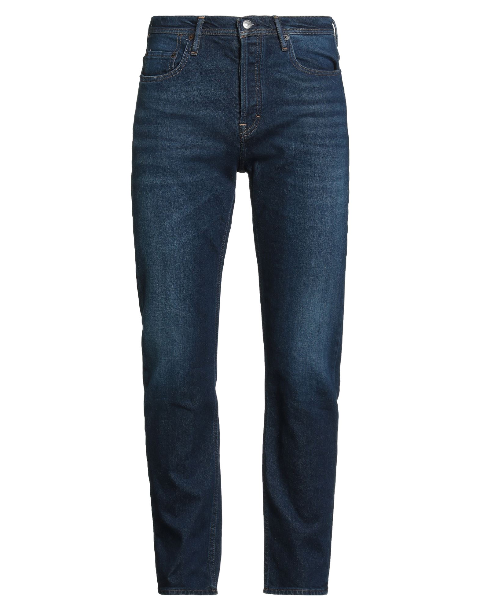 테이퍼드 진, 데님, 바랜 효과, 솔리드 컬러, 브랜드 로고, 미디엄 워싱, 노멀 웨이스트, 벨트 루프, 레귤러 핏, 버튼 여밈, 멀티 포켓, 스트레치, 세탁기로 세탁, 표백 금지, 건조기 사용불가. 이미지