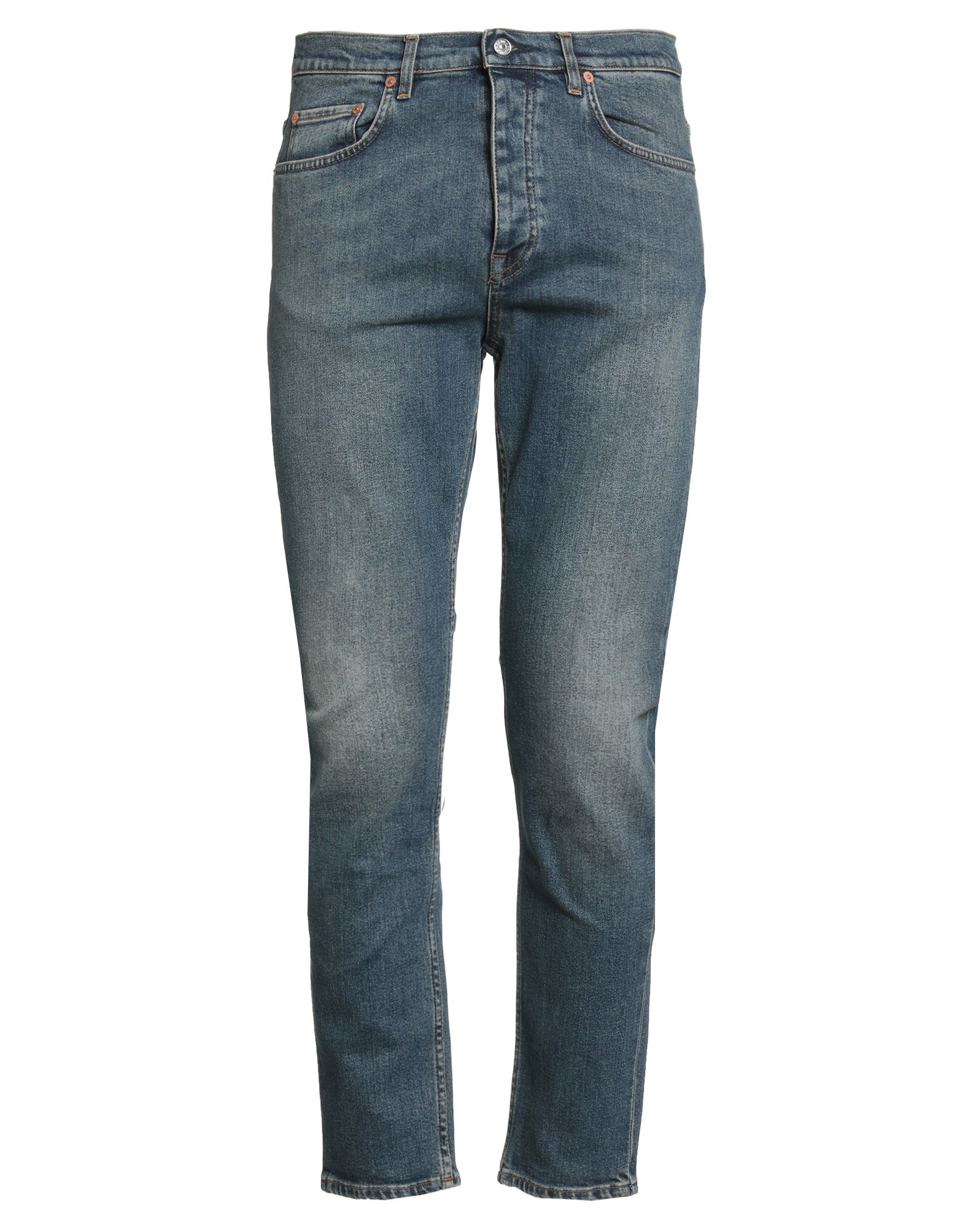 테이퍼드 진, 데님, 바랜 효과, 솔리드 컬러, 브랜드 로고, 미디엄 워싱, 노멀 웨이스트, 벨트 루프, 스키니, 버튼 여밈, 포켓 5개, 세탁기로 세탁, 표백 금지, 건조기 사용불가. 이미지