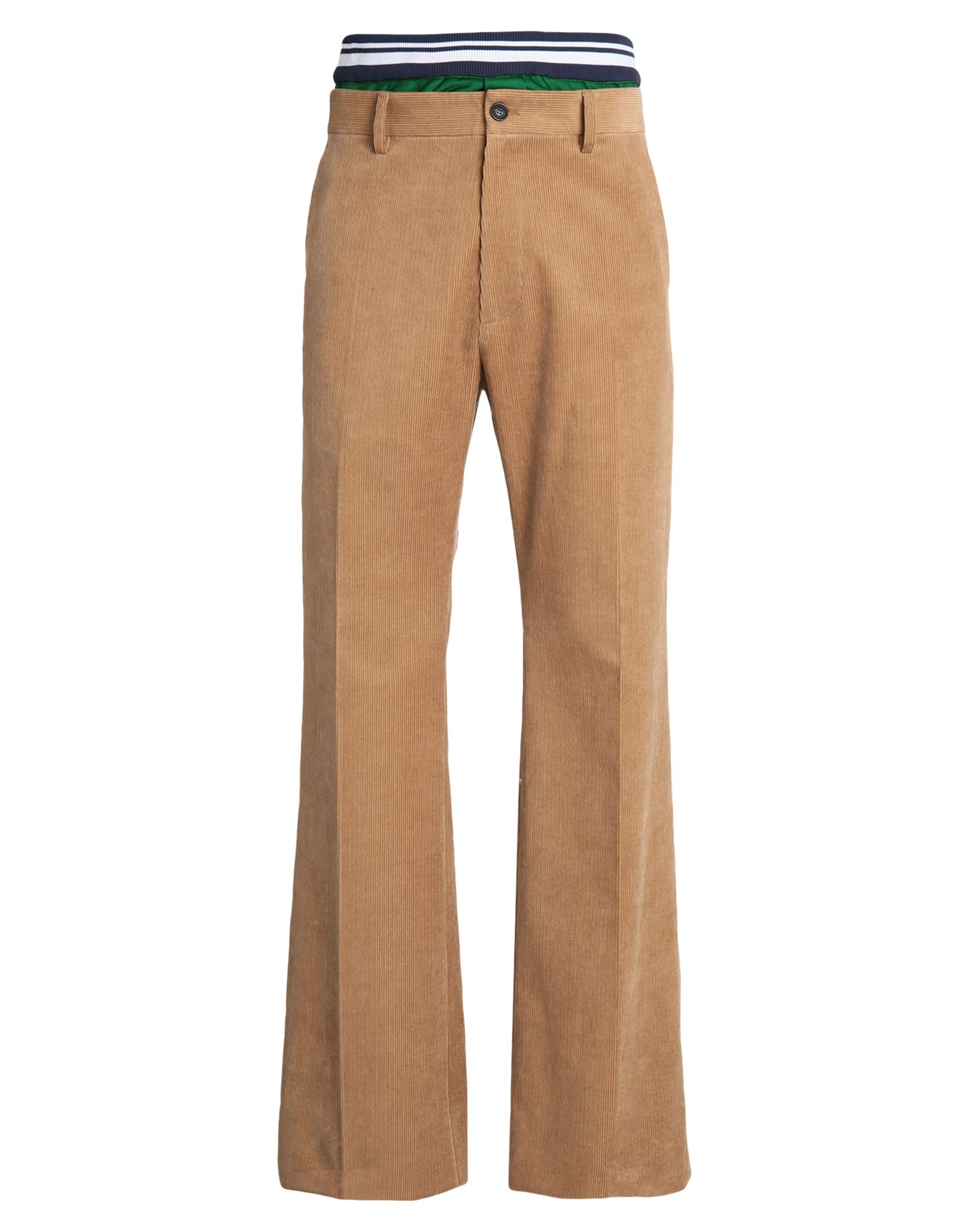 캐주얼 팬츠, 코듀로이, 프렌치 테리, 솔리드 컬러, 장식 부착 없음, 로우 크로치, 엘라스틱 웨이스트라인, 플레어 레그, 레귤러 핏, 1 버튼, 지퍼 여밈, 멀티 포켓, 전문 세탁 또는 드라이클리닝, 표백 금지, 건조기 사용불가. 이미지