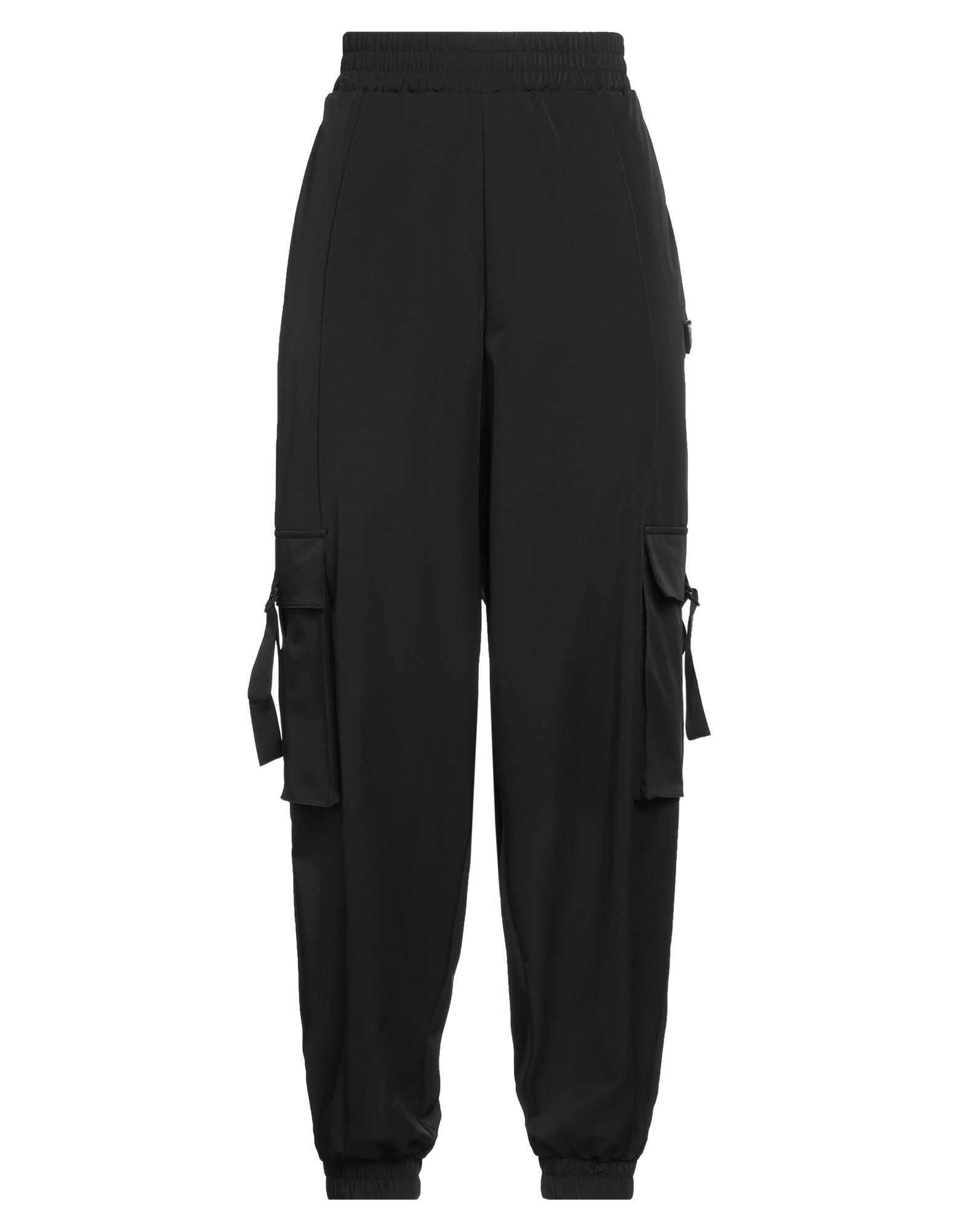 카고 팬츠, 크레이프, 스트레치 패브릭, 솔리드 컬러, 다트, 브랜드 로고, 하이 웨이스트, 엘라스틱 웨이스트라인, 컴포트 핏, 엘라스틱 헴라인, 벨로즈 포켓, 슬릿 포켓, 세탁기로 세탁, 표백 금지, 건조기 사용가능. 이미지