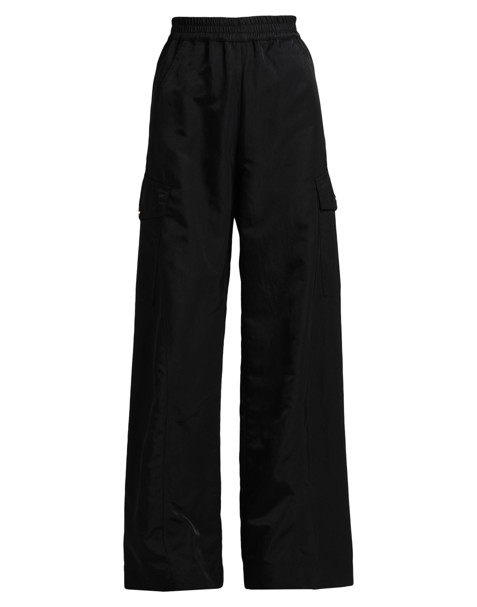 카고 팬츠, 테크니컬 패브릭, 솔리드 컬러, 장식 부착 없음, 하이 웨이스트, 엘라스틱 웨이스트라인, 컴포트 핏, 드로스트링 여밈, 슬릿 포켓, 플랩 포켓, 세탁기 세탁 또는 드라이클리닝, 표백 금지, 건조기 사용불가. 이미지