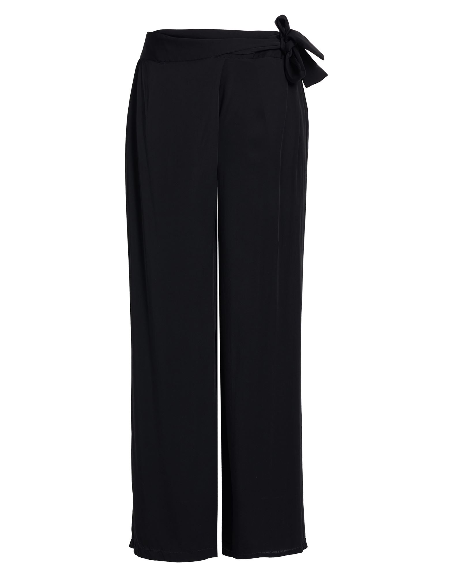 와이드 레그 팬츠, 크레이프, 솔리드 컬러, 장식 부착 없음, 하이 웨이스트, 컴포트 핏, 타이 여밈, 슬릿 포켓, 손세탁 또는 드라이클리닝, 표백 금지, 건조기 사용불가. 이미지