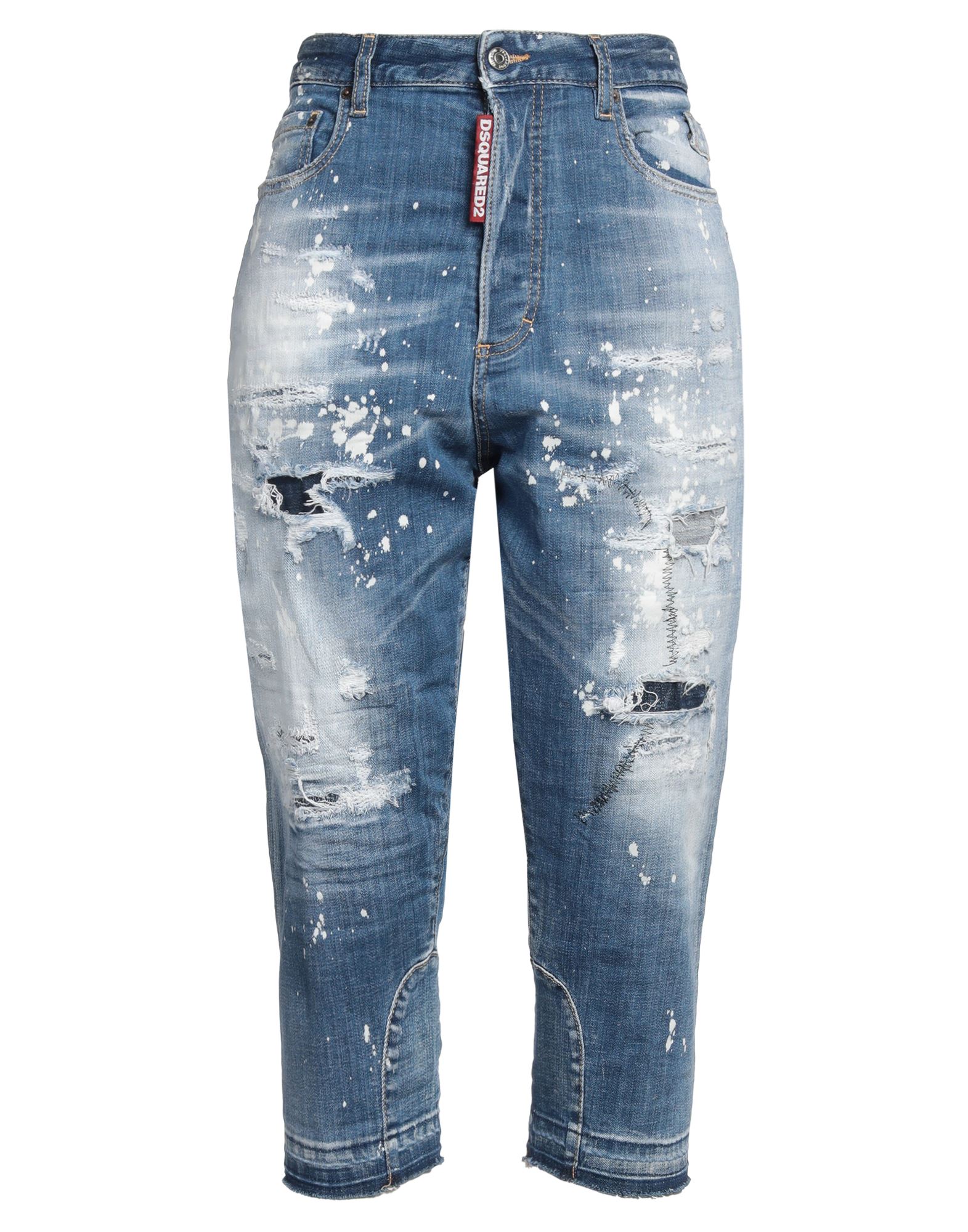 보이프렌드 진, 데님, 디스트레스드 효과, 바랜 효과, 장식 디테일 솔리드 컬러, 가죽 인서트, 미디엄 워싱, 하이 웨이스트, 레귤러 핏, 버튼 여밈, 멀티 포켓, 스트레치, 세탁기로 세탁, 표백 금지, 건조기 사용불가, 동물성 비섬유 자재 함유, 크롭트. 이미지