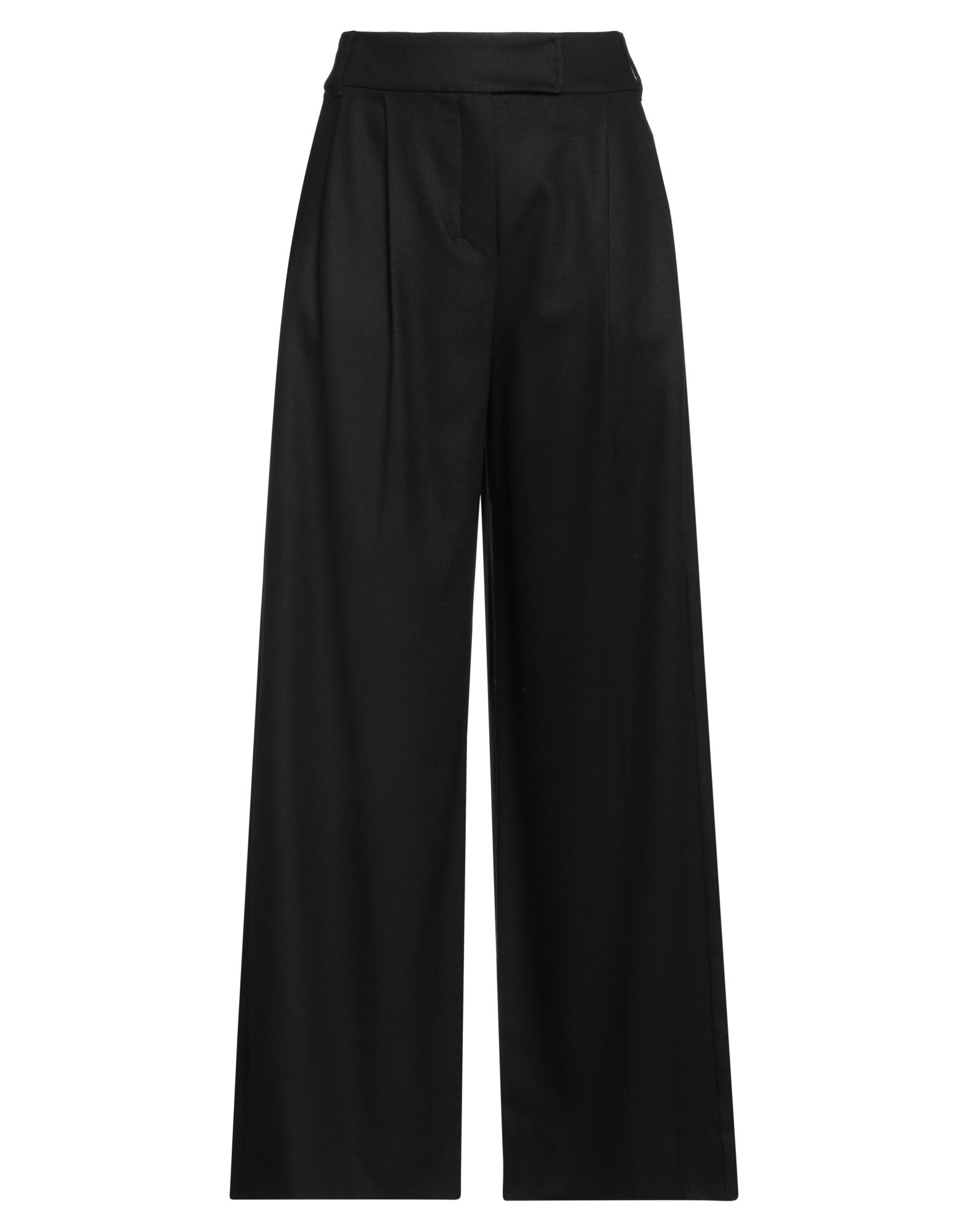 와이드 레그 팬츠, 플란넬, 스트레치 패브릭, 솔리드 컬러, 다트, 하이 웨이스트, 레귤러 핏, 지퍼 여밈, 후크 여밈, 슬릿 포켓, 드라이클리닝, 표백 금지, 건조기 사용불가, 동물성 비섬유 자재 함유, 편안함과 우아함이 결합된 격식을 갖춘 세련된 포멀 오피스 룩. 이미지