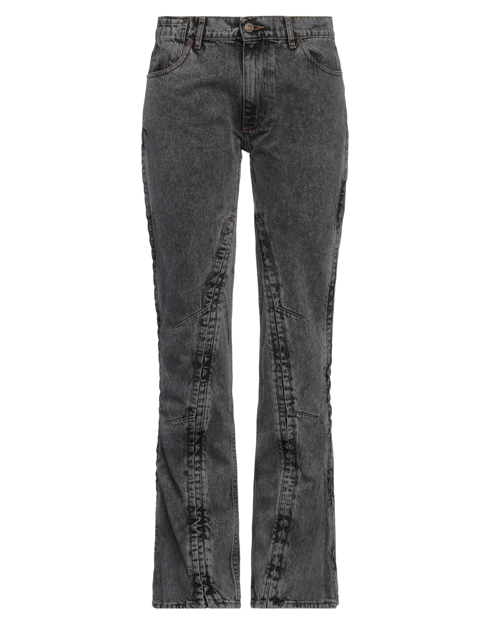 플레어 진, 데님, 솔리드 컬러, 브랜드 로고, 컬러 워싱, 노멀 웨이스트, 레귤러 핏, 1 버튼, 지퍼 여밈, 멀티 포켓, 세탁기 세탁 또는 드라이클리닝, 표백 금지, 건조기 사용불가. 이미지