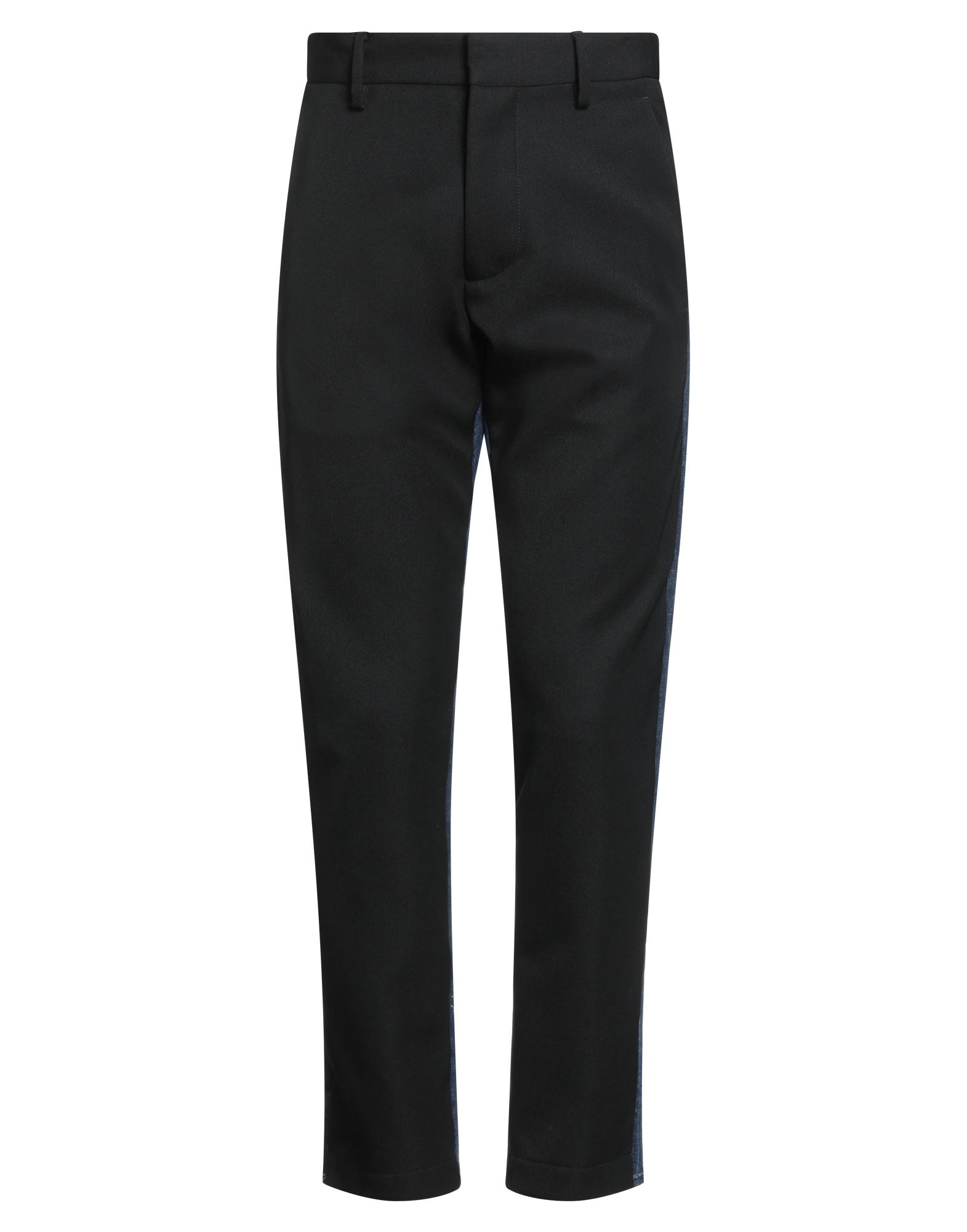 캐주얼 팬츠, 트윌, 데님, 투톤 패턴, 브랜드 로고, 하이 웨이스트, 테이퍼드 레그, 레귤러 핏, 지퍼 여밈, 후크 여밈, 슬릿 포켓, 패치 포켓, 드라이클리닝, 표백 금지, 건조기 사용불가, 동물성 비섬유 자재 함유, 크롭트. 이미지