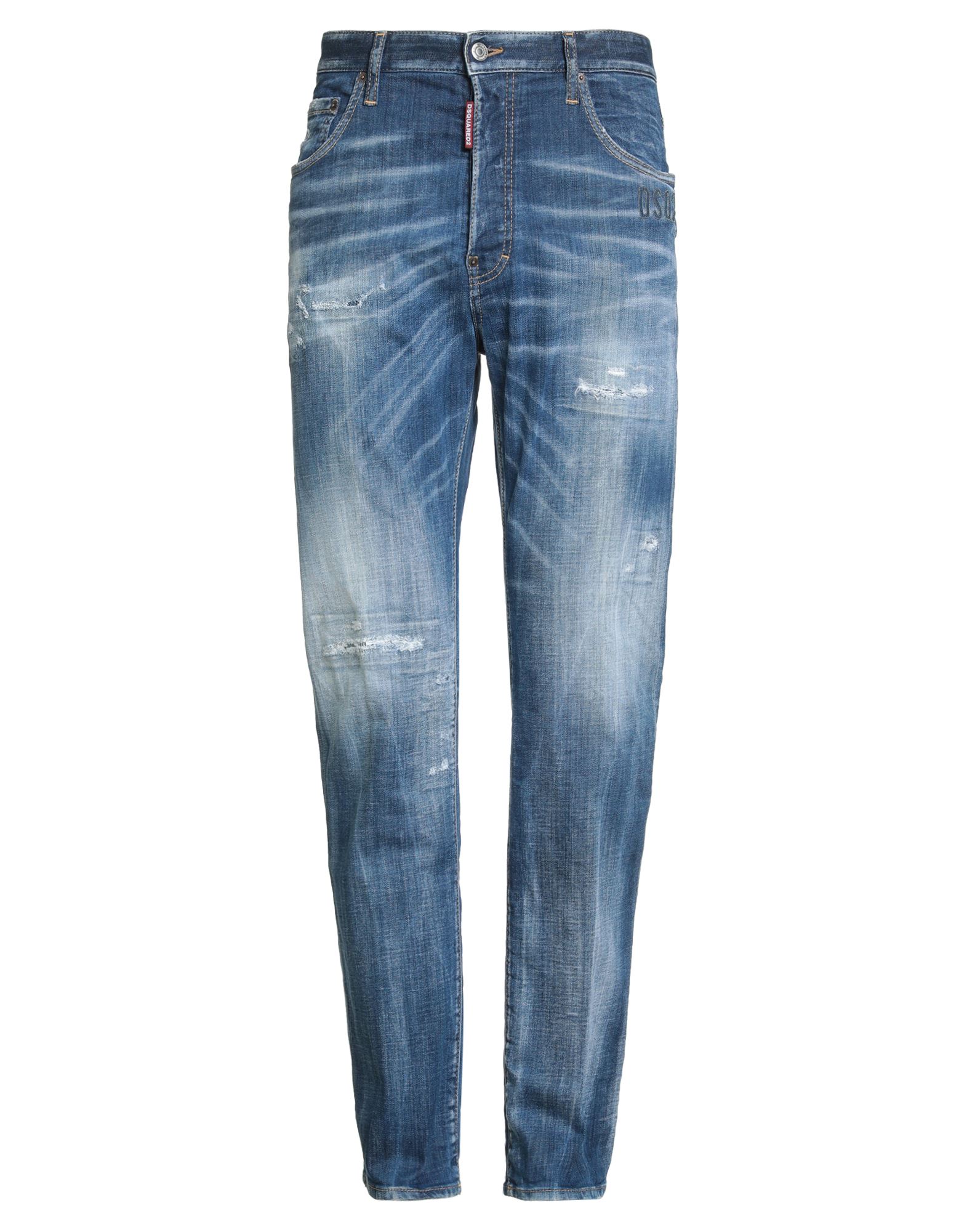 테이퍼드 진, 데님, 디스트레스드 효과, 바랜 효과, 스트레치 패브릭, 솔리드 컬러, 브랜드 로고, 미디엄 워싱, 하이 웨이스트, 벨트 루프, 레귤러 핏, 버튼 여밈, 멀티 포켓, 세탁기 세탁 또는 드라이클리닝, 표백 금지, 건조기 사용불가, 동물성 비섬유 자재 함유. 이미지