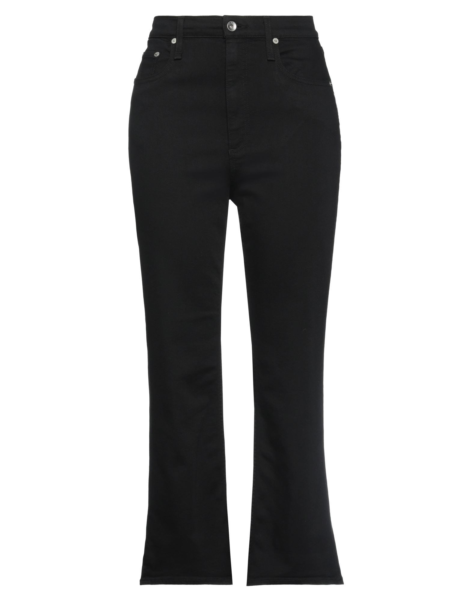 데님, 장식 부착 없음, 솔리드 컬러, 컬러 워싱, 하이 웨이스트, 지퍼 클로저, 버튼 여밈, 멀티 포켓, 스트레치, 부츠컷 스타일, 라지 핏. 이미지