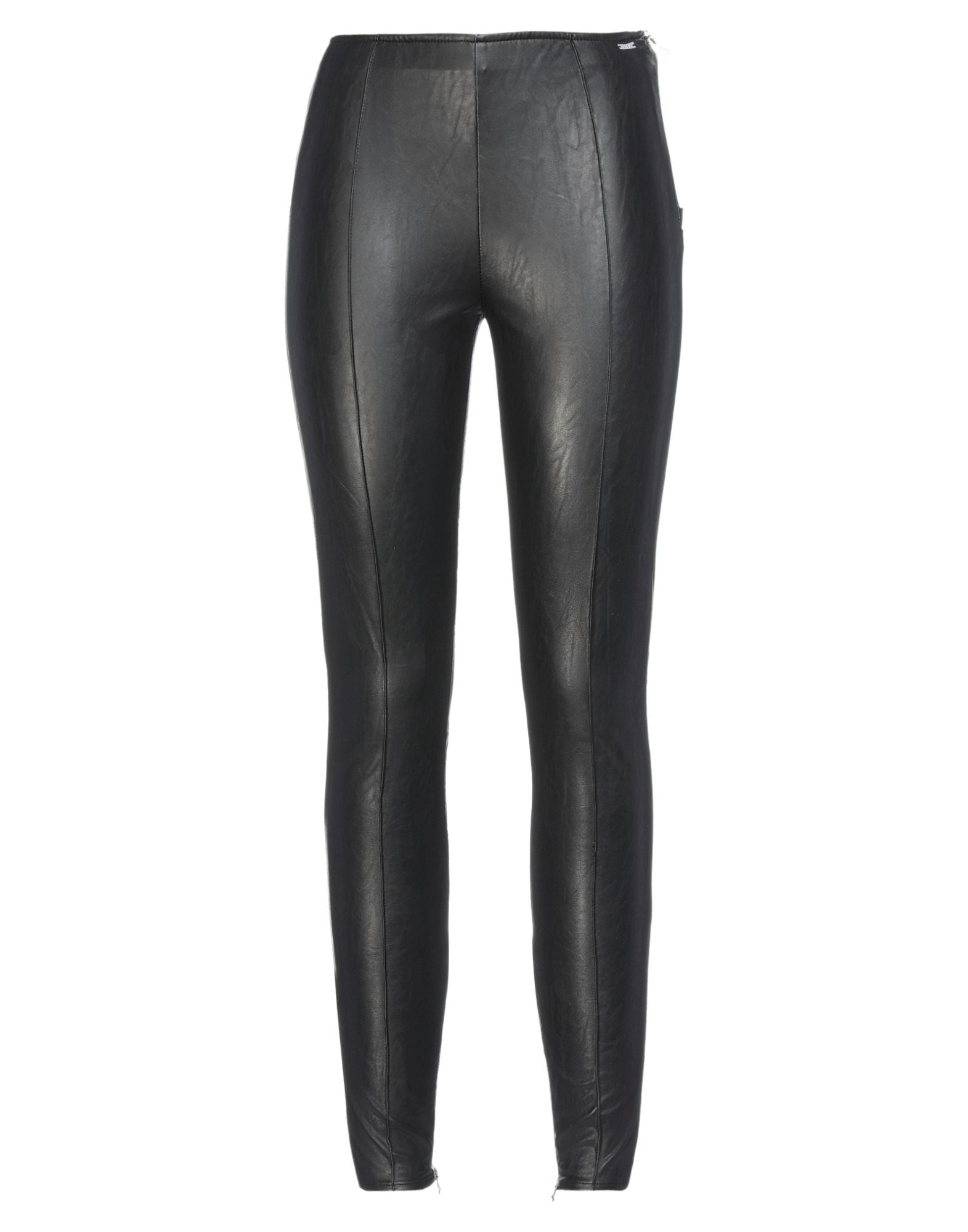 스키니 팬츠, 인조가죽, 솔리드 컬러, 브랜드 로고, 노멀 웨이스트, 엘라스틱 웨이스트라인, 레귤러 핏, 지퍼 여밈, 지퍼 헴라인, 포켓 없음, 스트레치. 이미지