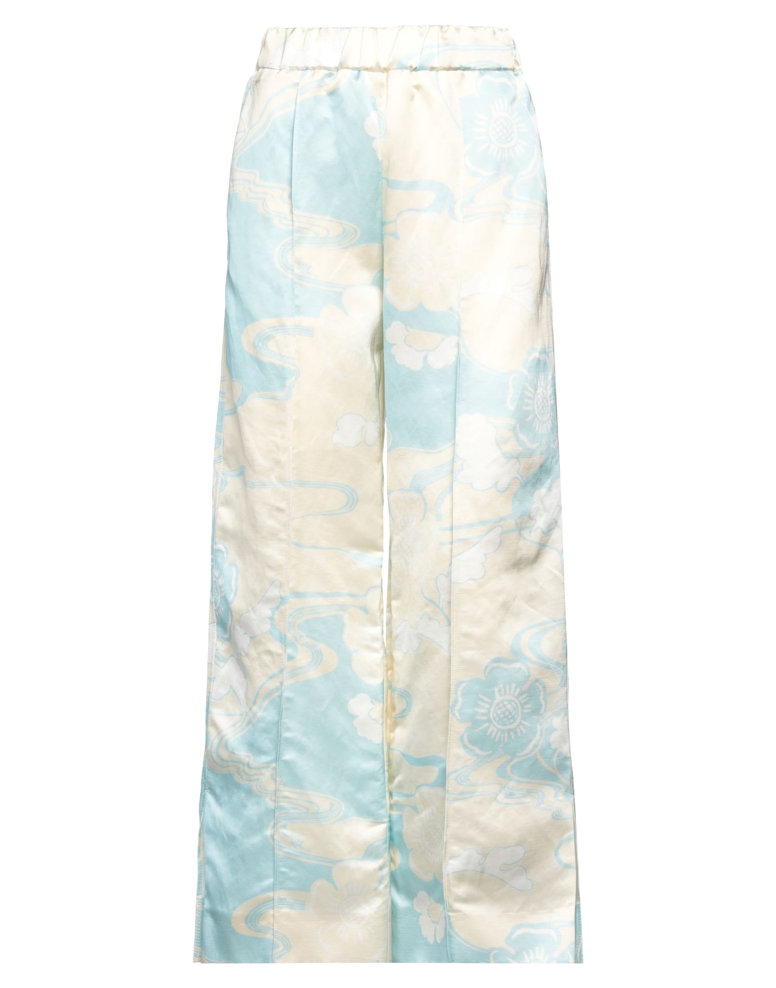 스트레이트 레그 팬츠, 새틴, 플로럴 모티브, 장식 부착 없음, 하이 웨이스트, 엘라스틱 웨이스트라인, 레귤러 핏, 멀티 포켓, 드라이클리닝, 표백 금지, 건조기 사용불가, 이 브랜드는 사이즈가 크게 나옵니다. 이미지