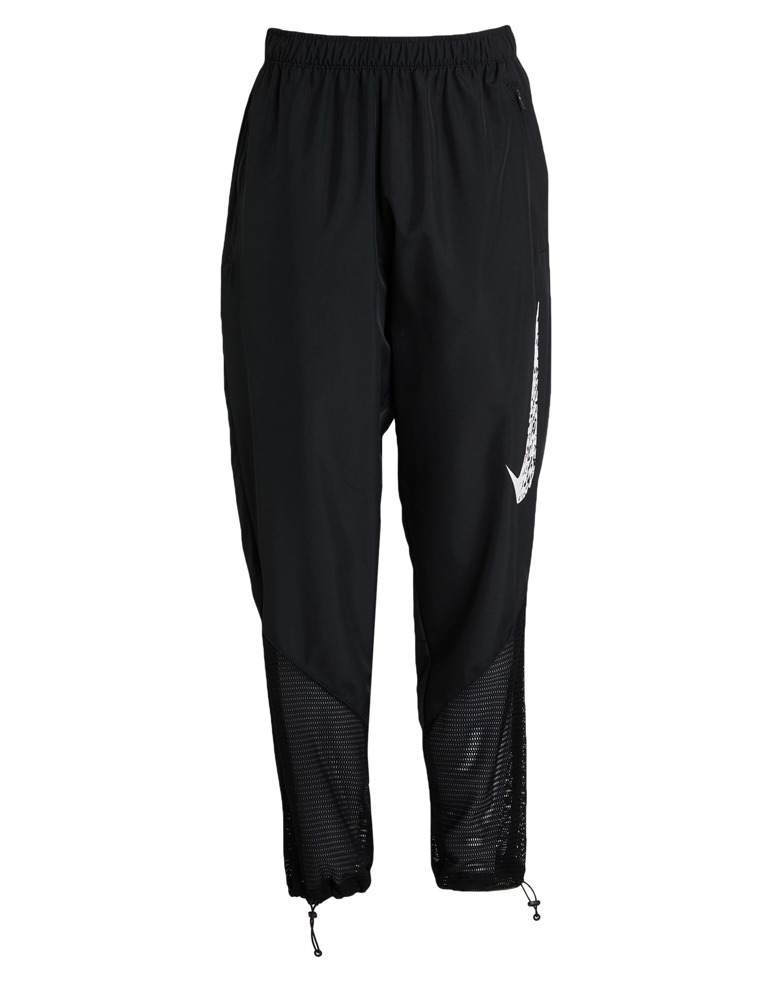 트랙 팬츠, 테크니컬 패브릭, 메쉬 패브릭, 프린트 디테일 솔리드 컬러, 브랜드 로고, 하이 웨이스트, 엘라스틱 웨이스트라인, 컴포트 핏, 드로스트링 여밈, 드로스트링 헴라인, 지퍼 포켓, 세탁기로 세탁, 표백 금지, 건조기 사용가능, 운동이나 야외 활동에 적합한, 스타일과 편안함을 모두 갖춘 퍼포먼스 스포츠웨어. 이미지