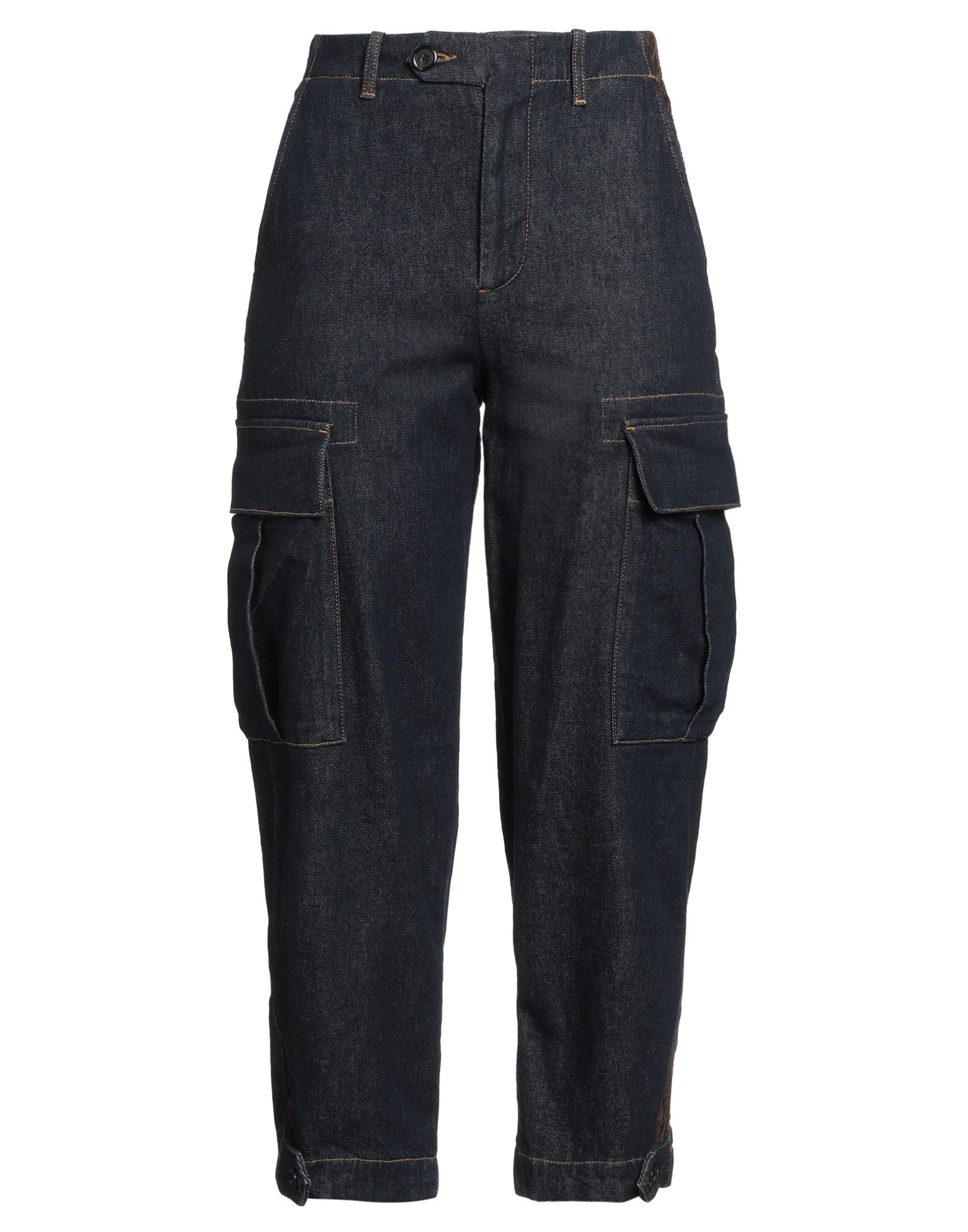 데님 카고 팬츠, 데님, 솔리드 컬러, 코듀로이 트리밍, 다크 워싱, 하이 웨이스트, 벨트 루프, 레귤러 핏, 버튼 여밈, 지퍼 여밈, 멀티 포켓, 세탁기 세탁 또는 드라이클리닝, 표백 금지, 건조기 사용불가. 이미지