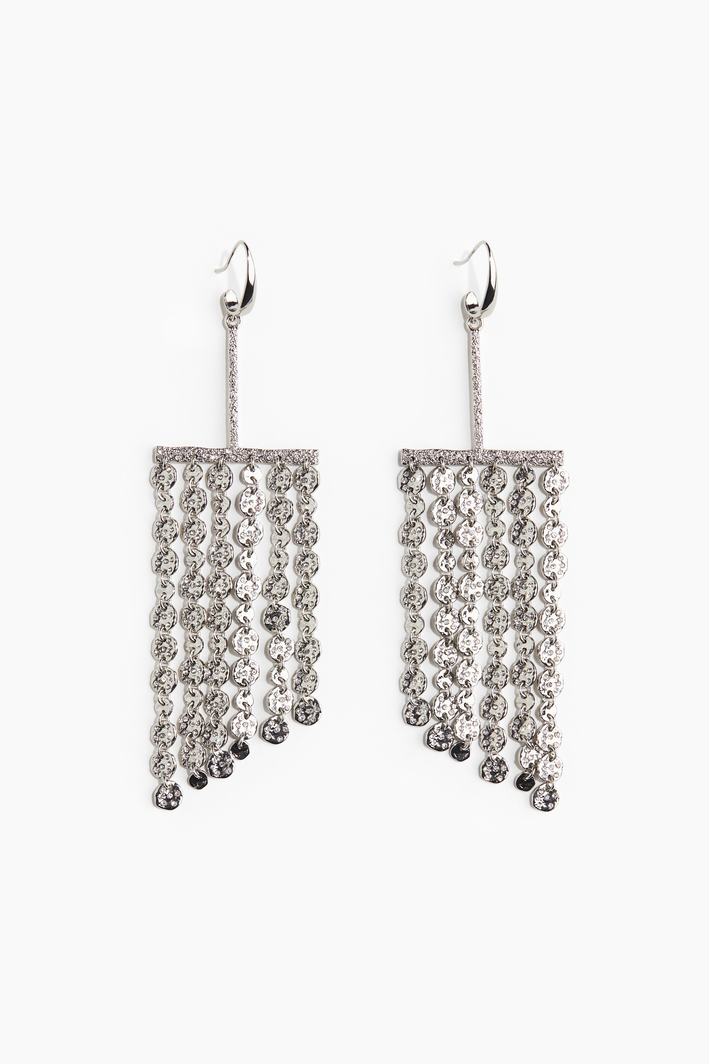 라인스톤 장식의 긴 펜던트가 있는 금속 드롭 귀걸이. 길이 15cm. 이미지