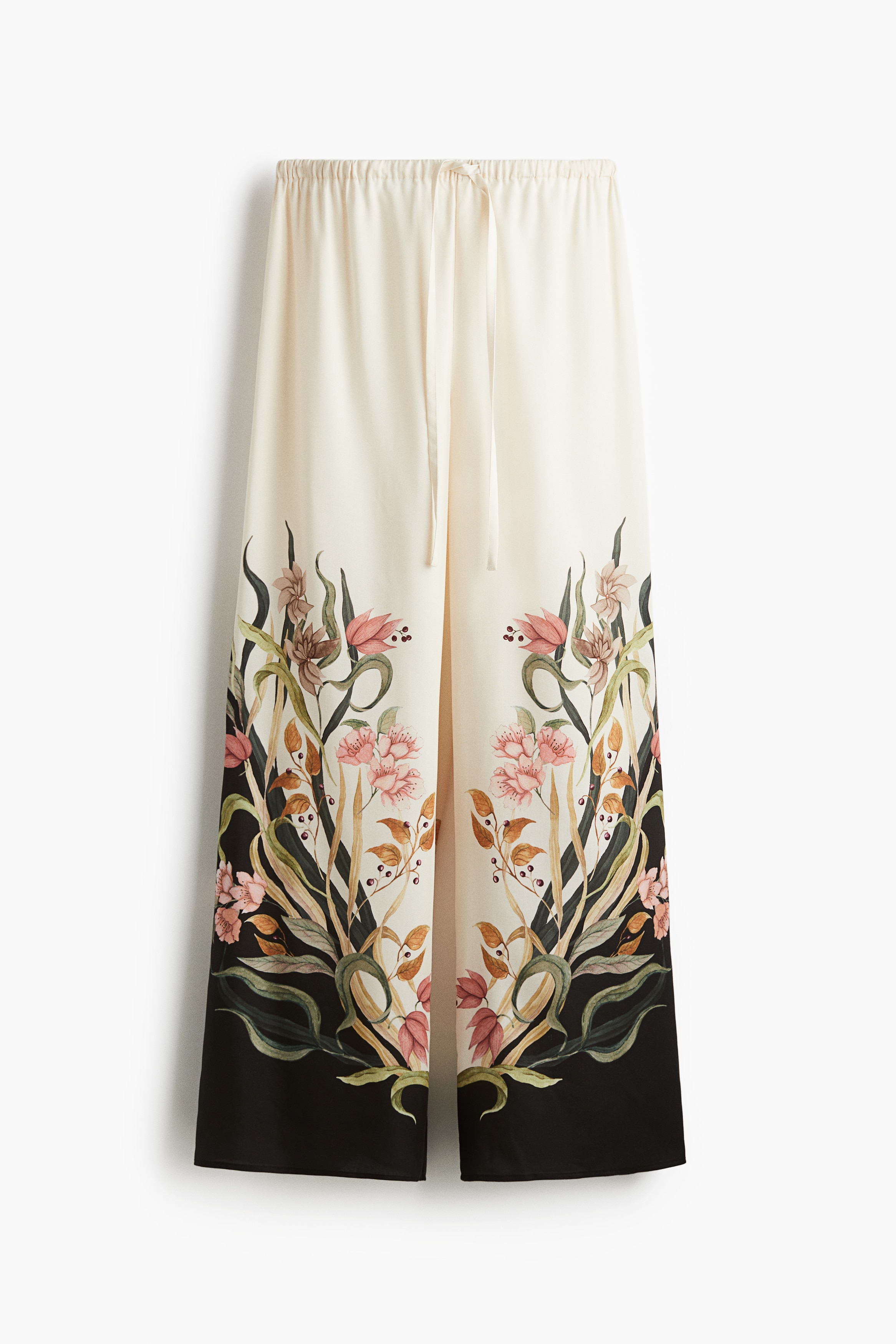 프린트 패턴이 있는 우븐 소재의 팬츠. 하이웨이스트. 가는 드로스트링이 있는 신축성 허릿단. 스트레이트 레그. 이미지