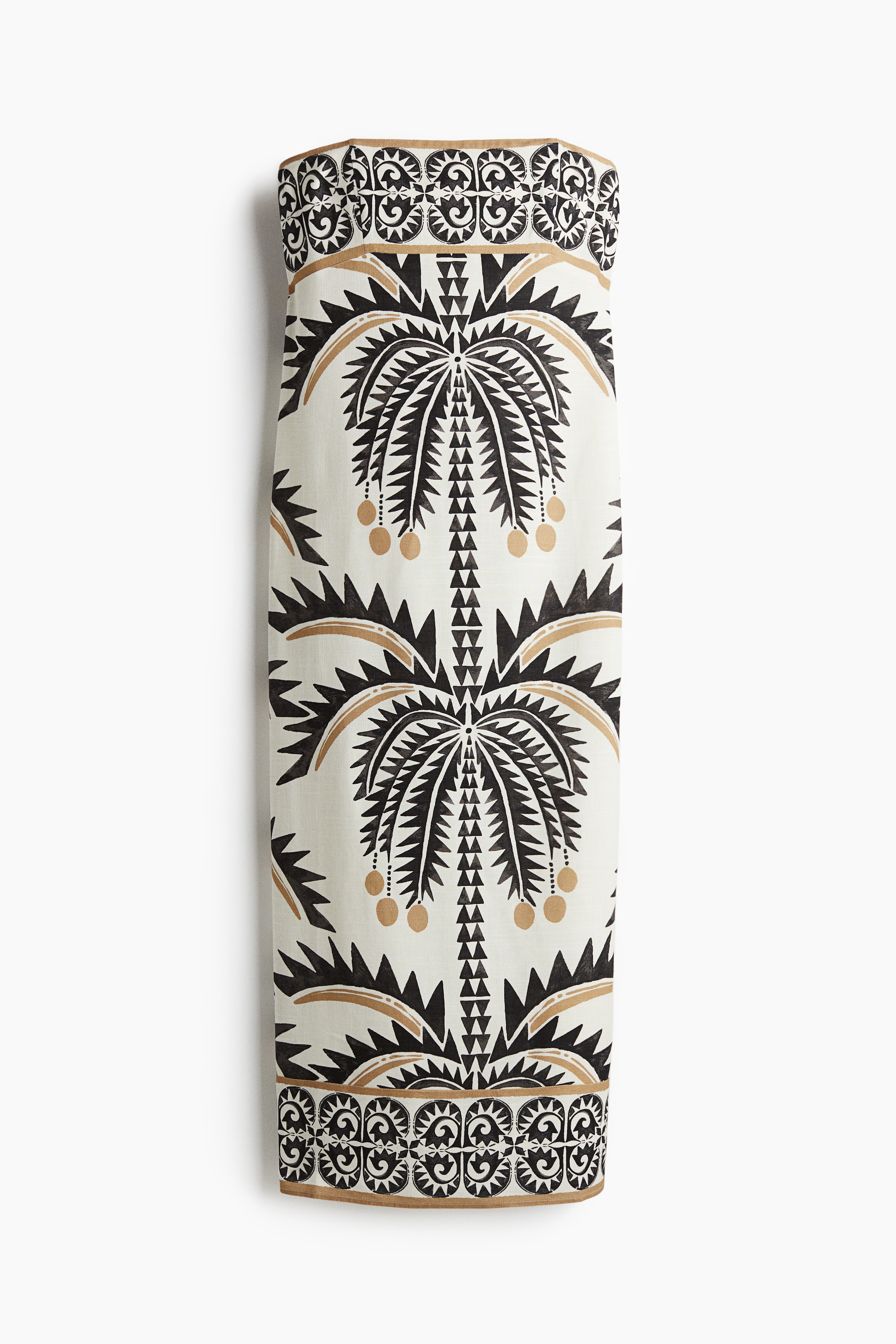 가벼운 비스코스, 리넨 혼방 소재의 피트되는 미디 스트랩리스 원피스. 뒷면 히든 지퍼와 후크 클로저. 긴 뒷트임이 있는 스트레이트 헴라인. 내부 코르셋에 실루엣을 잡아주고 서포트해주는 보닝이 내장됨. 뒷면 후크 클로저. 코튼 안감 부착. 이미지