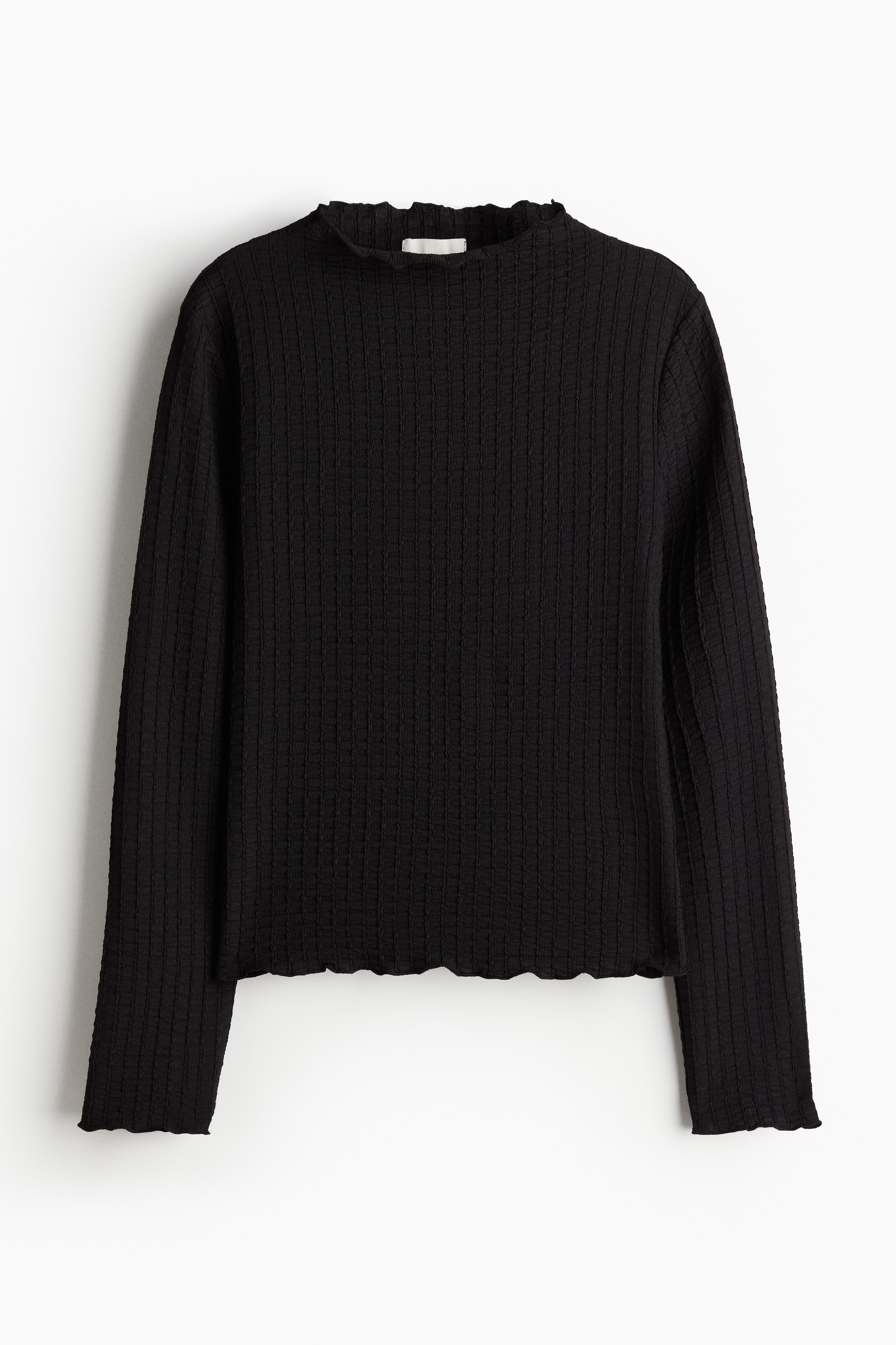 텍스처 저지 소재의 피트되는 터틀넥 탑. 긴소매. 오버로크처리된 옷단. 이미지