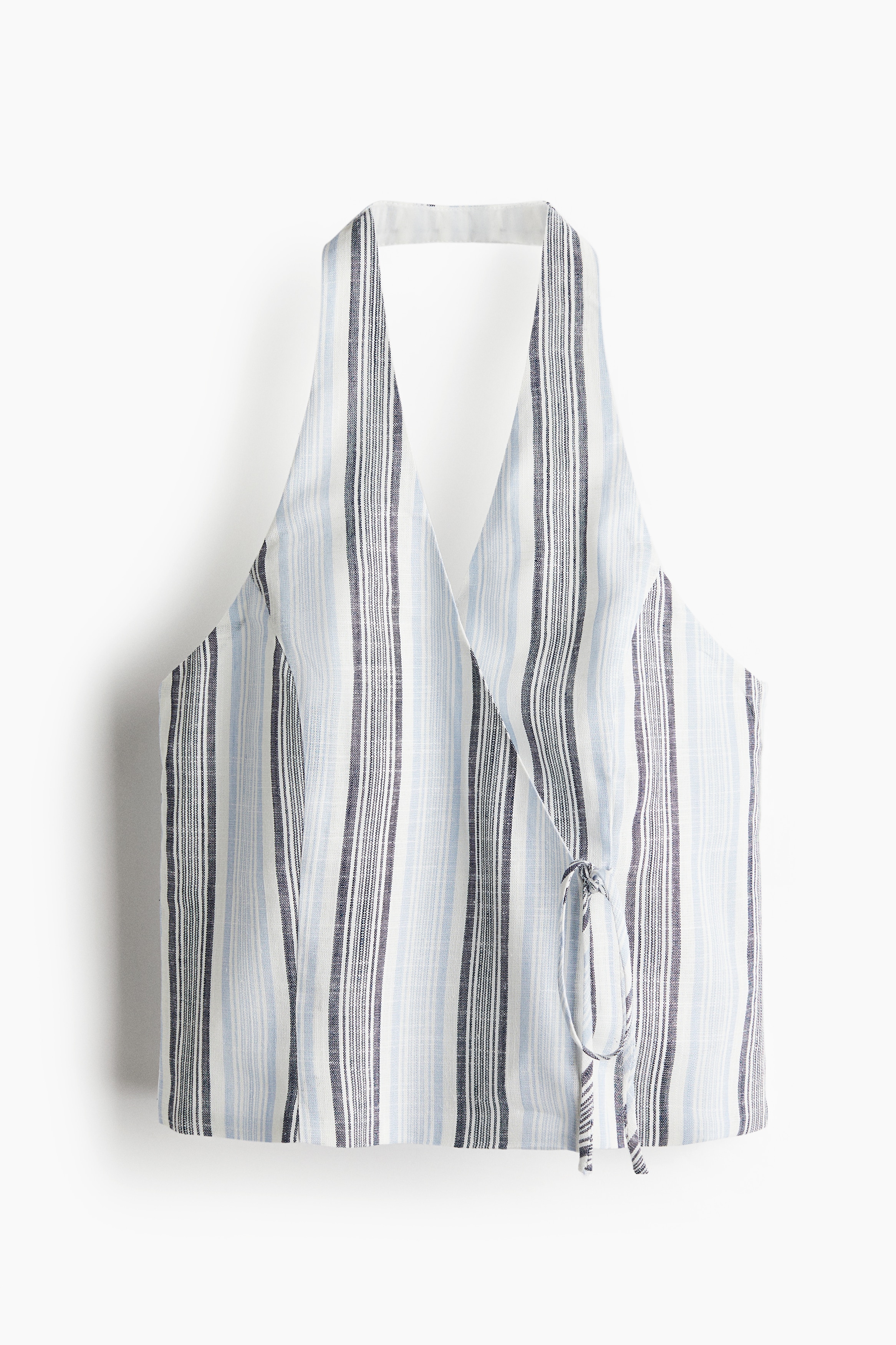 우븐 소재의 피트되는 홀터넥 탑. 실루엣을 살려주는 프린세스 솔기 디테일. V넥. 한쪽 옆면에 눈에 띄는 끈, 반대쪽 내부에 끈이 있는 랩스타일. 안감 부착. 이미지