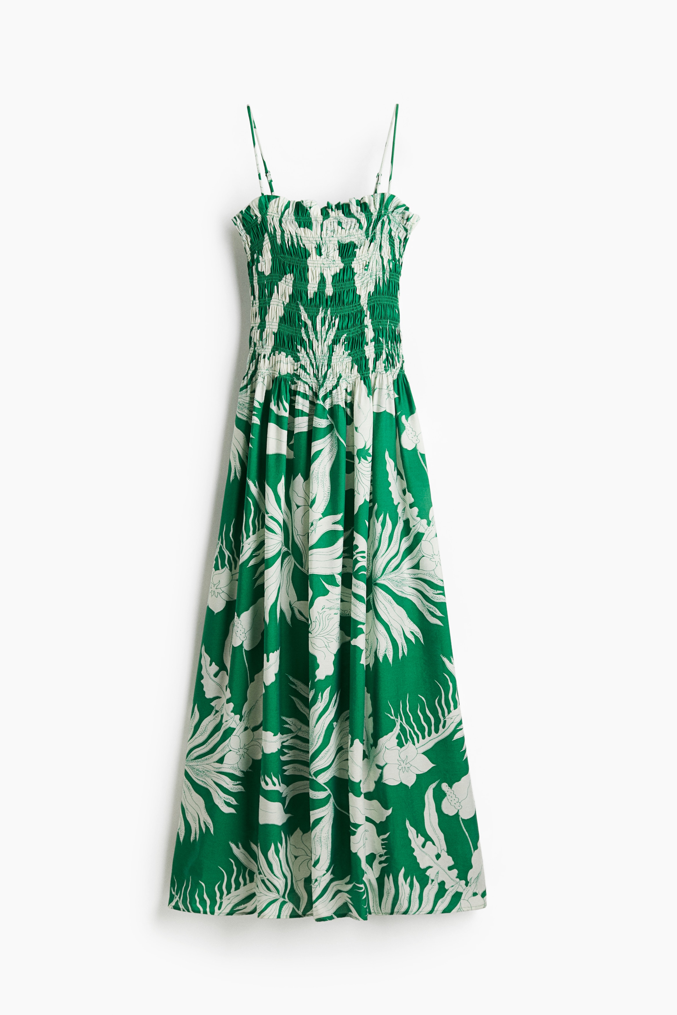 우븐 소재의 미디 원피스. 길이 조절 가능한 탈부착식 어깨 스트랩. 스모킹 주름으로 마감된 보디스. 프릴로 장식된 스트레이트 네크라인. 주름이 잡힌 허리 솔기. 세미 플레어 라인의 하단. 안감 생략. 이미지