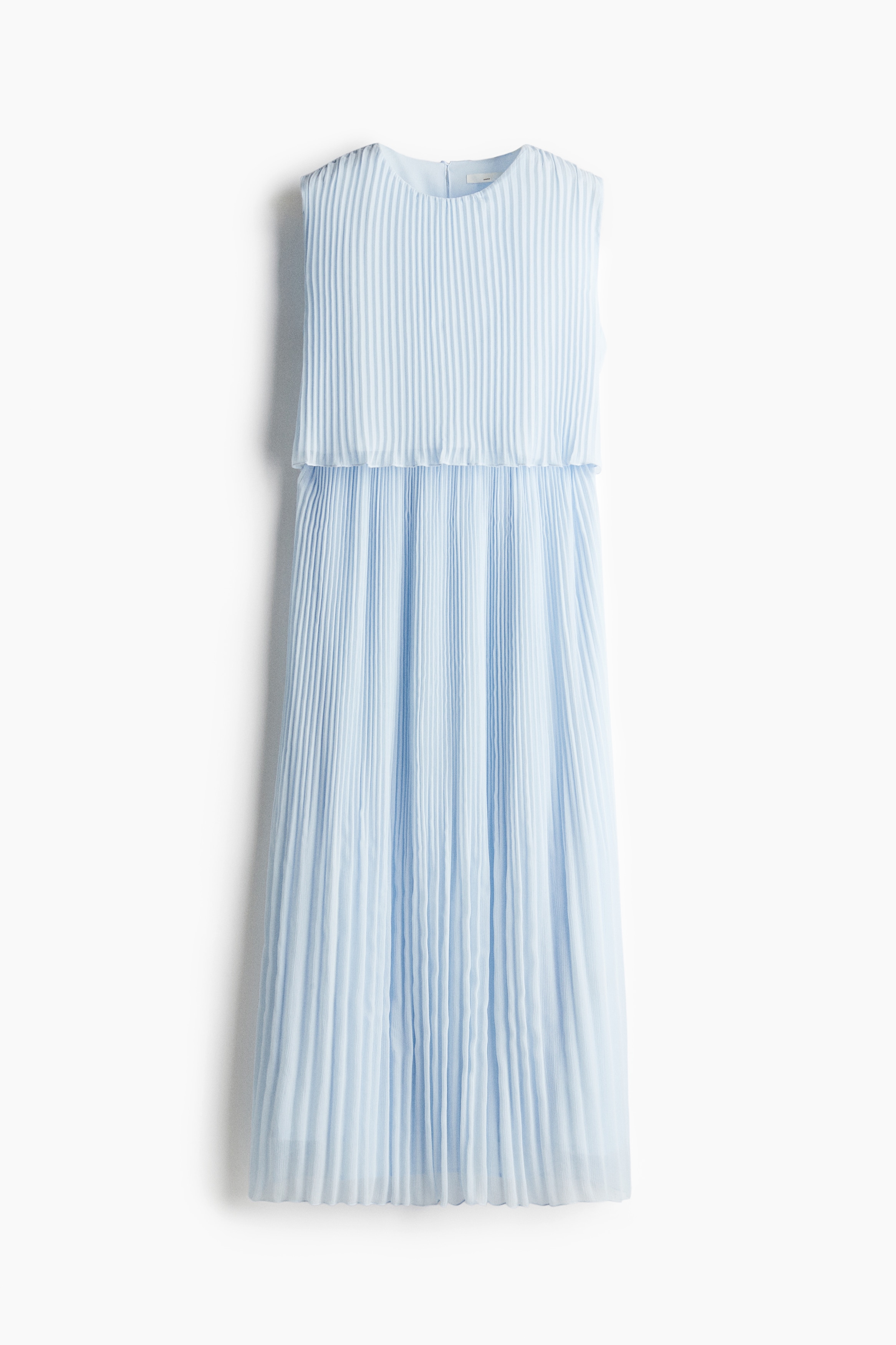 유니크한 수유 기능의 슬리브리스 맥시 원피스. 플리츠가 잡힌 시스루 소재. 라운드넥. 목 뒷면에 키홀 트임과 버튼이 있음. 허리 부분이 가늘게 밴딩처리됨. 상단이 2겹으로 마감되어 보온성을 유지하며 수유할 수 있도록 고안된 디자인. 안감 부착. 이미지