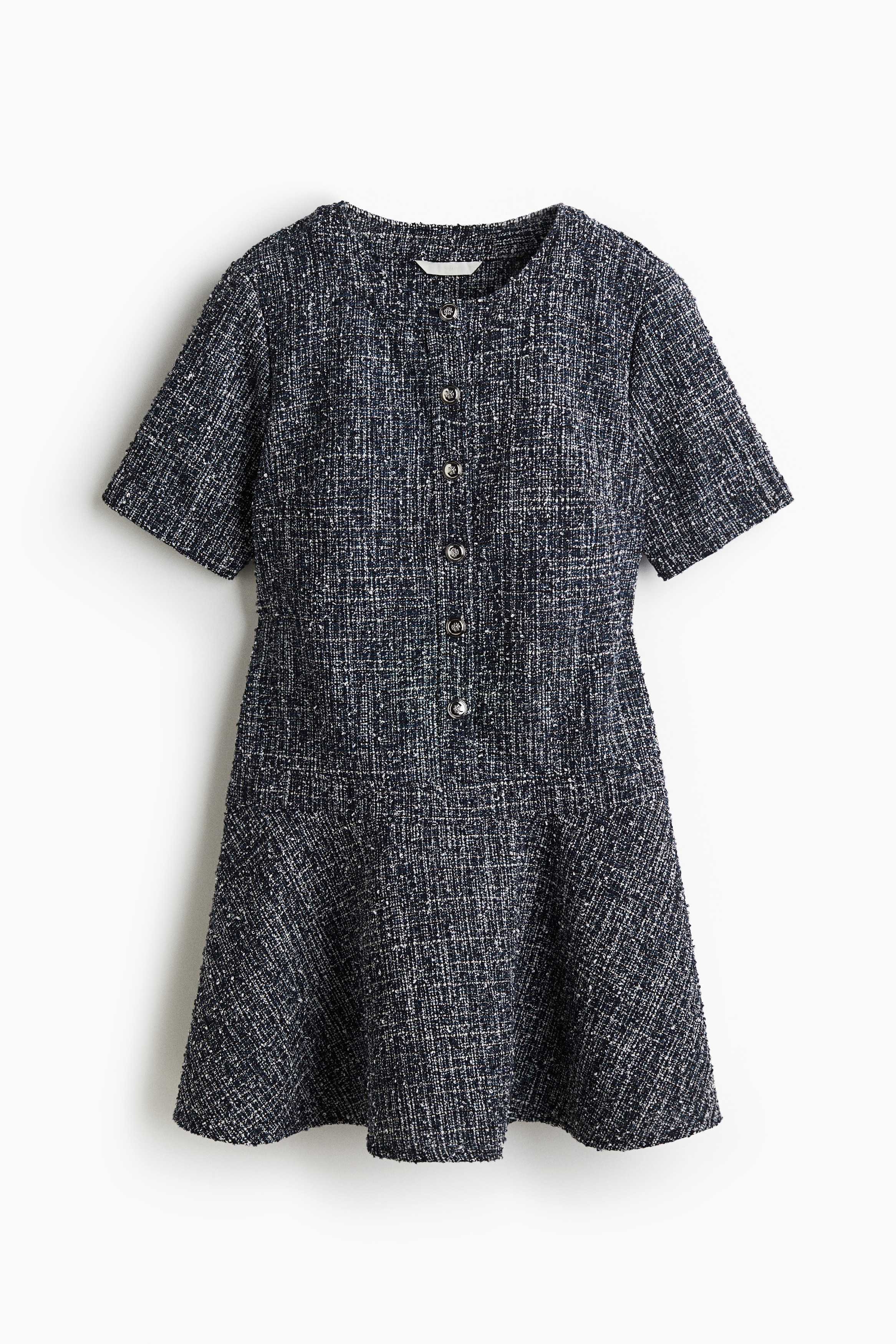 Short dress in a bouclé weave with a round neckline and motif-detail metal buttons at the front. Short sleeves and a flared skirt. Unlined. 이미지1