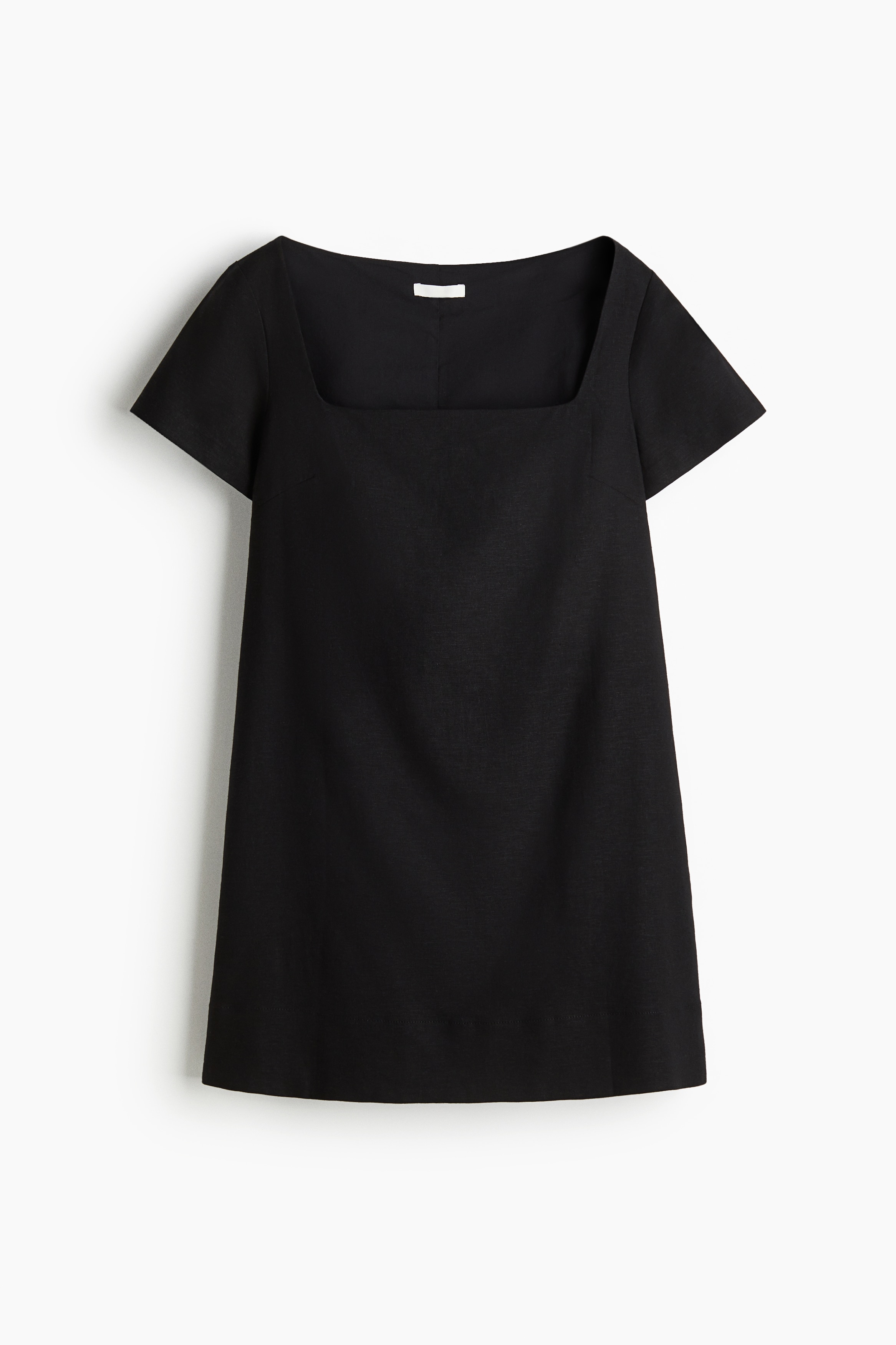 리넨과 비스코스가 혼방된 A라인 미니 드레스. 스퀘어넥. 반소매. 상단 안감 부착. 이미지