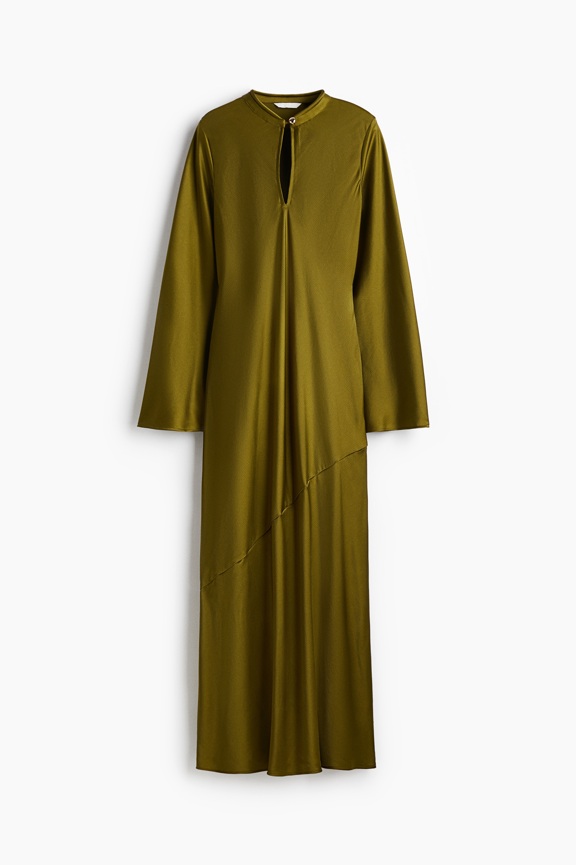 Ankle-length dress in woven fabric with a slight sheen. Band collar with a gold-coloured button and an opening at the front. Long, flared sleeves and a diagonal seam on the skirt. Unlined. 이미지1