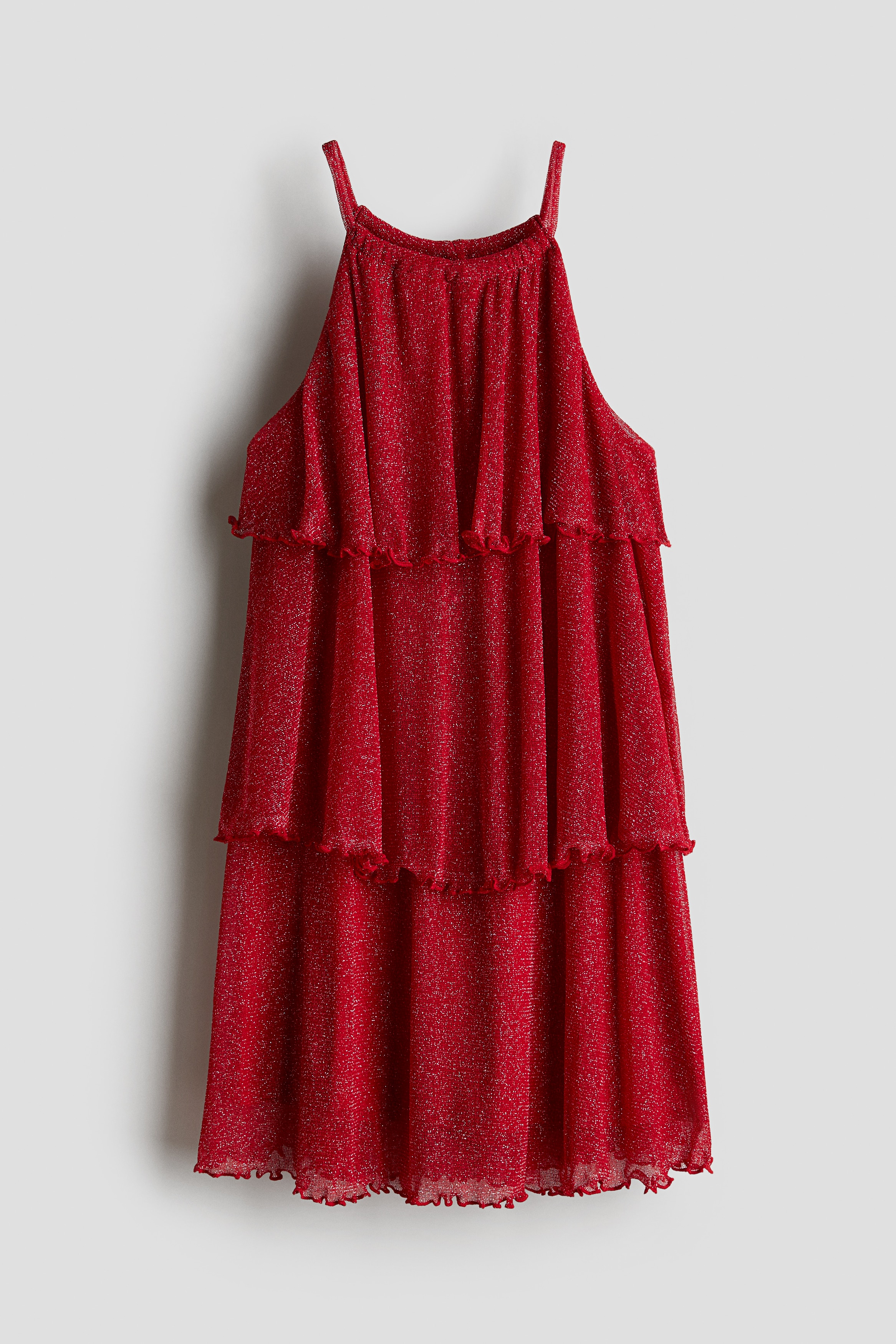 광택사가 혼방된 비침성 있는 저지 소재의 라운드넥 원피스. 오버로크처리된 와이드한 티어드 스타일. 가느다란 어깨 스트랩. 안감 부착. 이미지