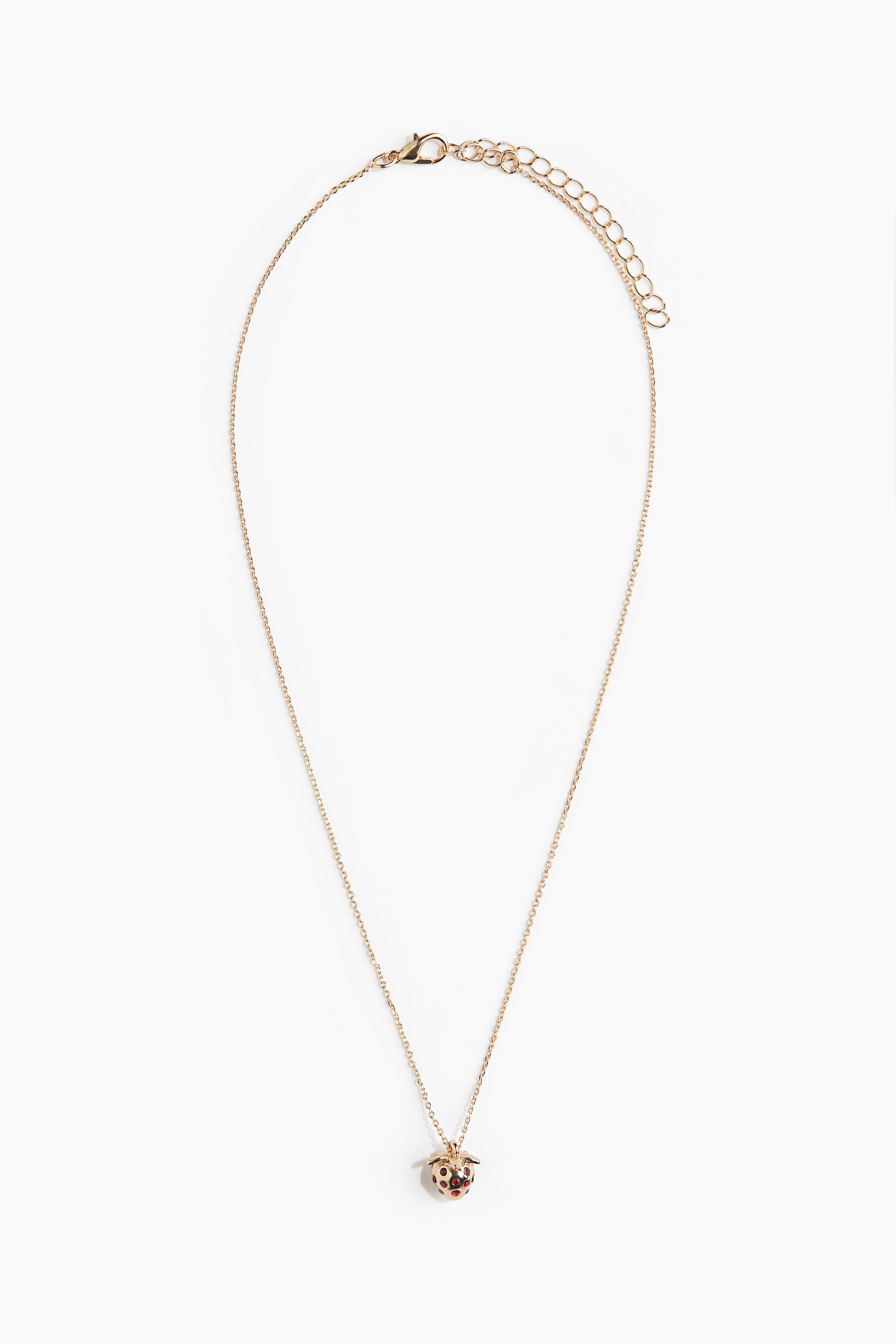 작은 유리 라인스톤이 세팅된 딸기 펜던트 장식의 금속 체인 목걸이. 트리거 후크로 길이 조절 가능. 이미지