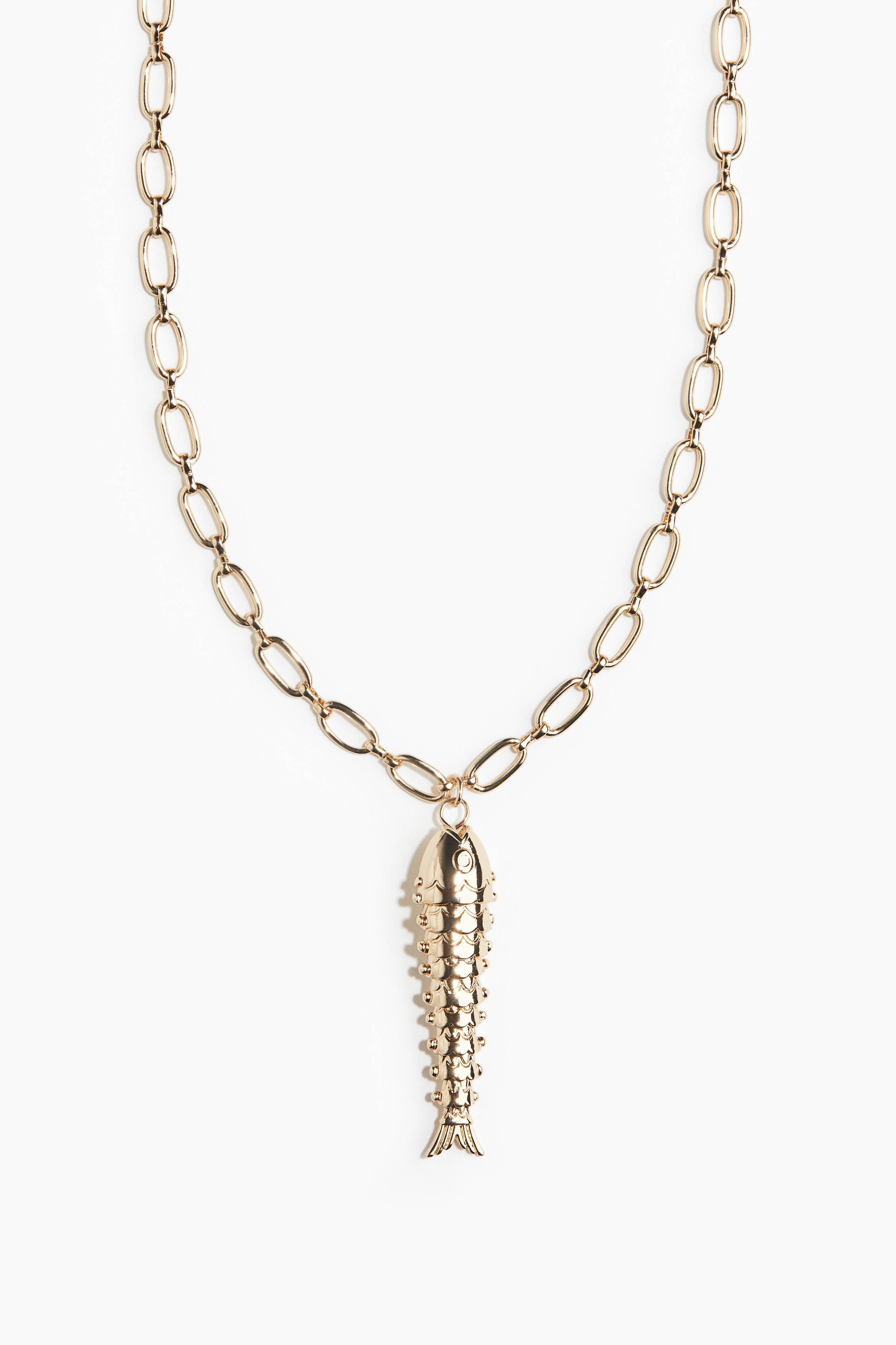 물고기 모양 펜던트로 장식된 금속 체인 목걸이. 트리거 후크로 길이 조절 가능. 이미지