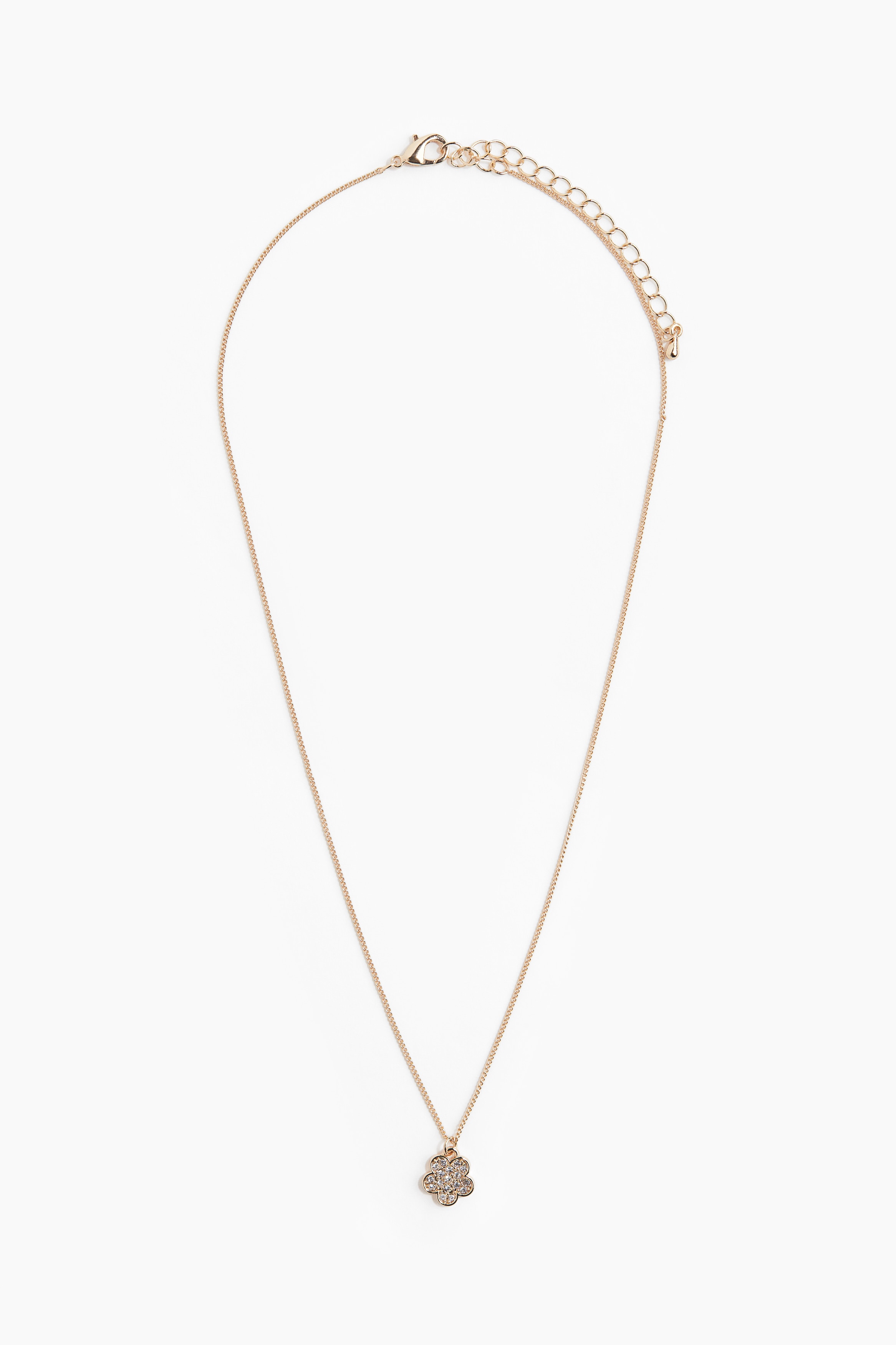 반짝이는 유리 라인스톤이 세팅된 작은 플라워 펜던트 장식의 금속 체인 목걸이. 트리거 후크로 길이 조절 가능. 이미지