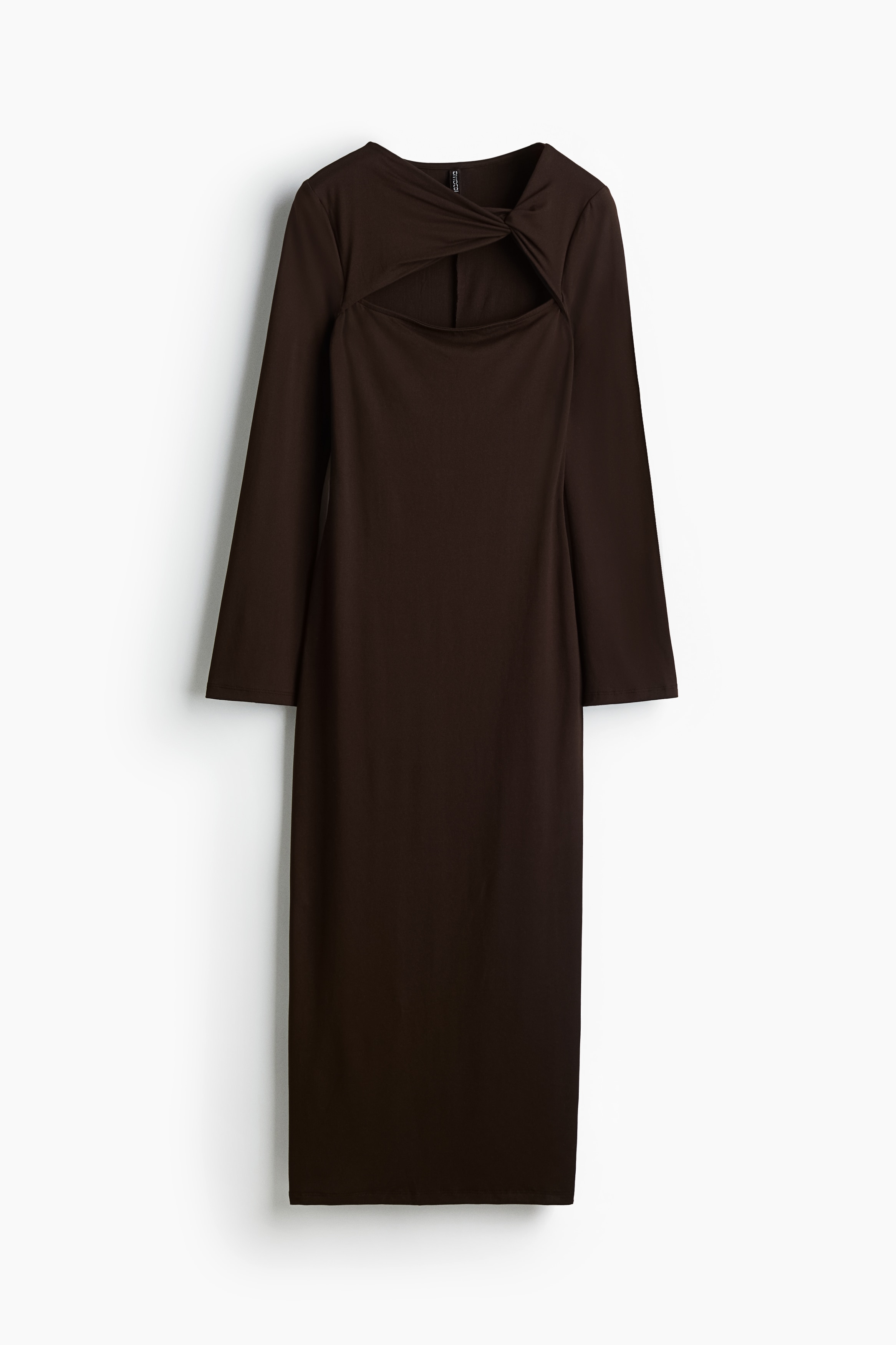 스트레치 저지 소재의 피트되는 미디 드레스. 언발란스 네크라인. 일부분이 컷아웃된 앞면에 꼬임 디테일이 있음. 긴소매. 뒷트임이 있는 스트레이트 헴라인. 이미지