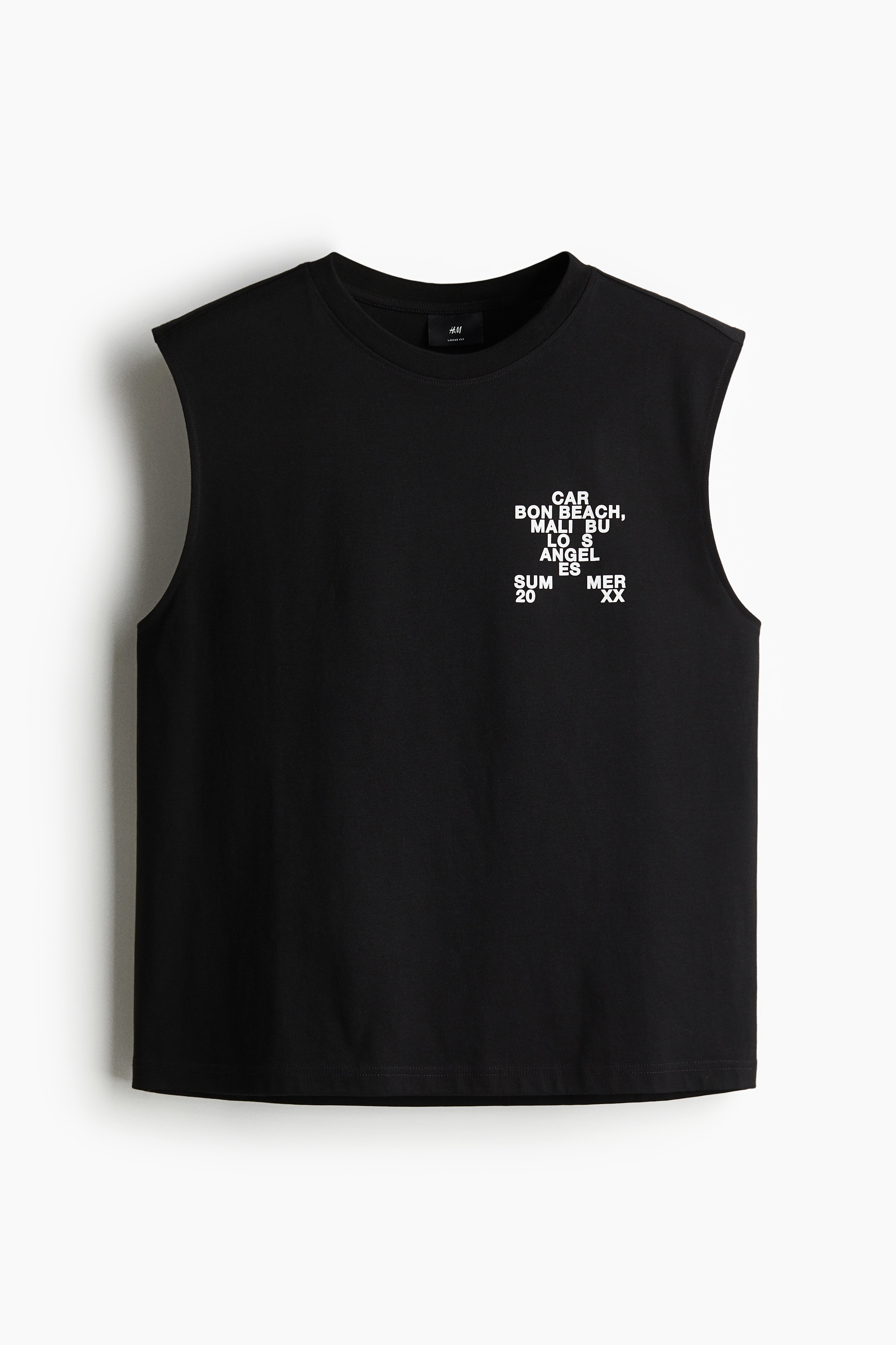 프린트가 있는 가벼운 코튼 저지 소재의 슬리브리스 탑. 가늘게 리브드 마감된 네크라인. 깊게 파인 암홀. 스트레이트 헴라인. 넉넉하지만 오버사이즈보다는 약간 피트되는 루즈핏 실루엣. 이미지