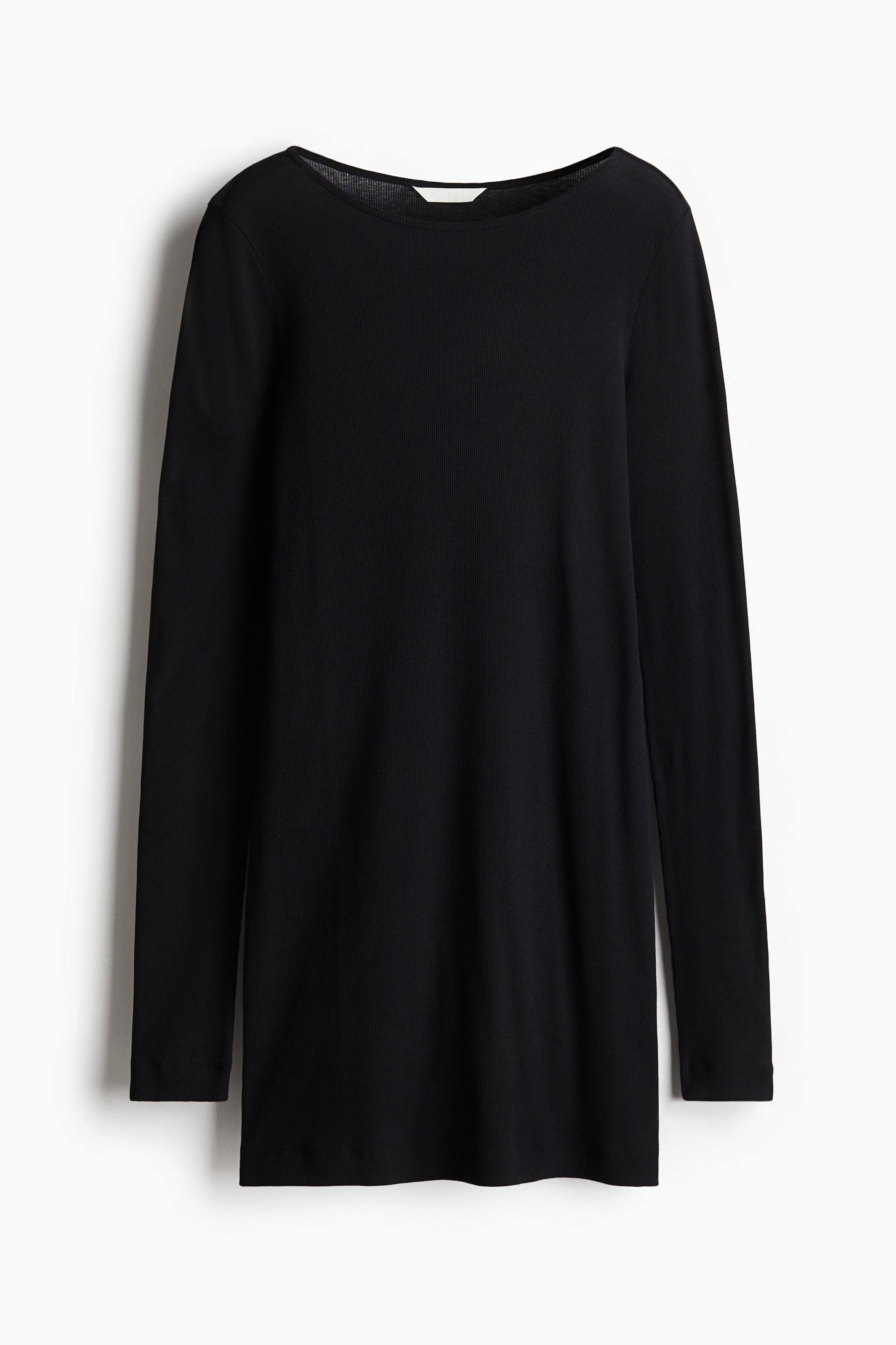 비침성 있는 리브드 코튼 저지 소재의 피트되는 미니 원피스. 라운드넥. 피티드 스타일의 매우 긴 소매. 이미지