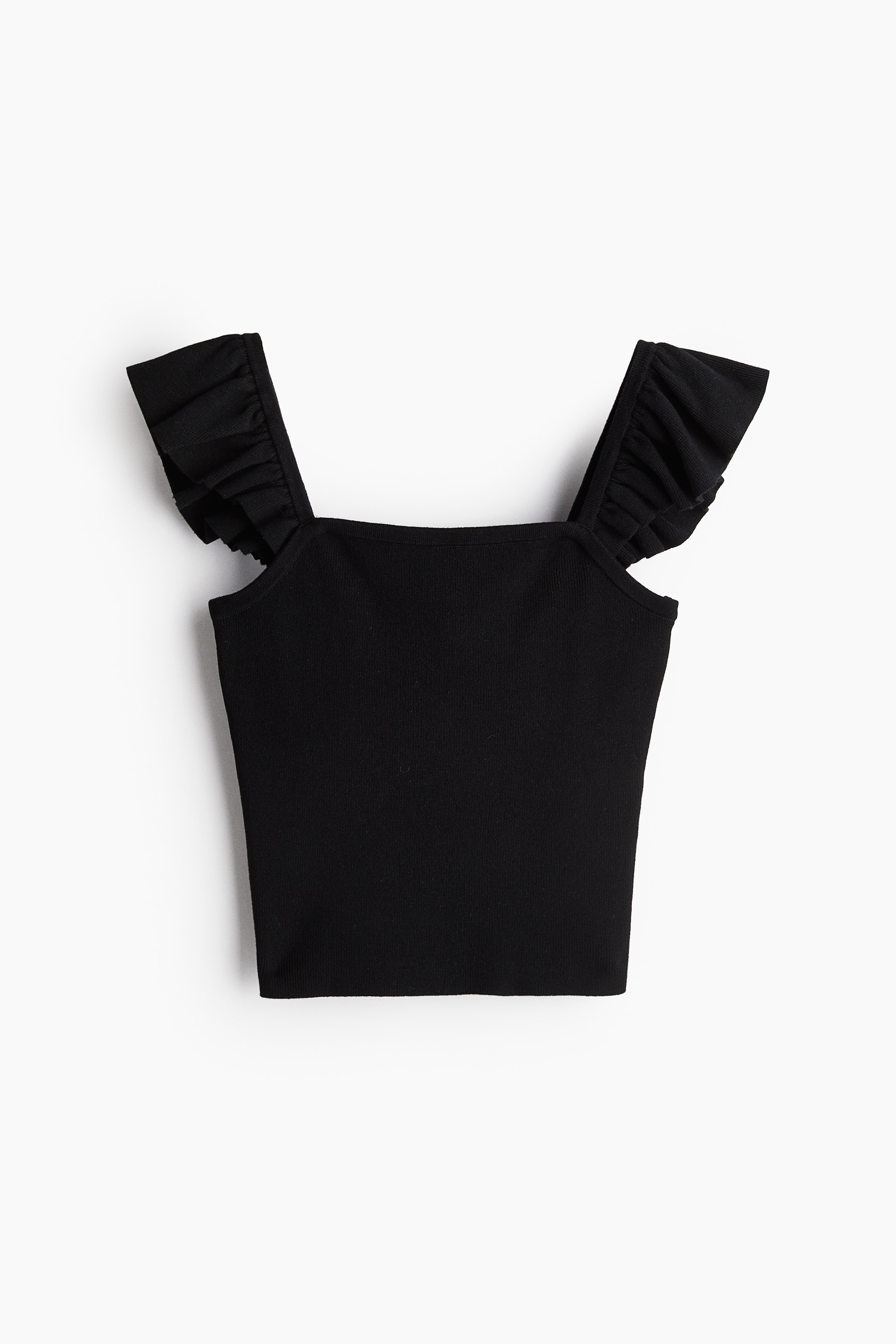 피트되는 파인 리브니트 소재의 크롭트 스타일 탑. 앞뒷면 스퀘어넥. 버터플라이 소매. 어깨 부분에 밴딩이 내장됨. 이미지