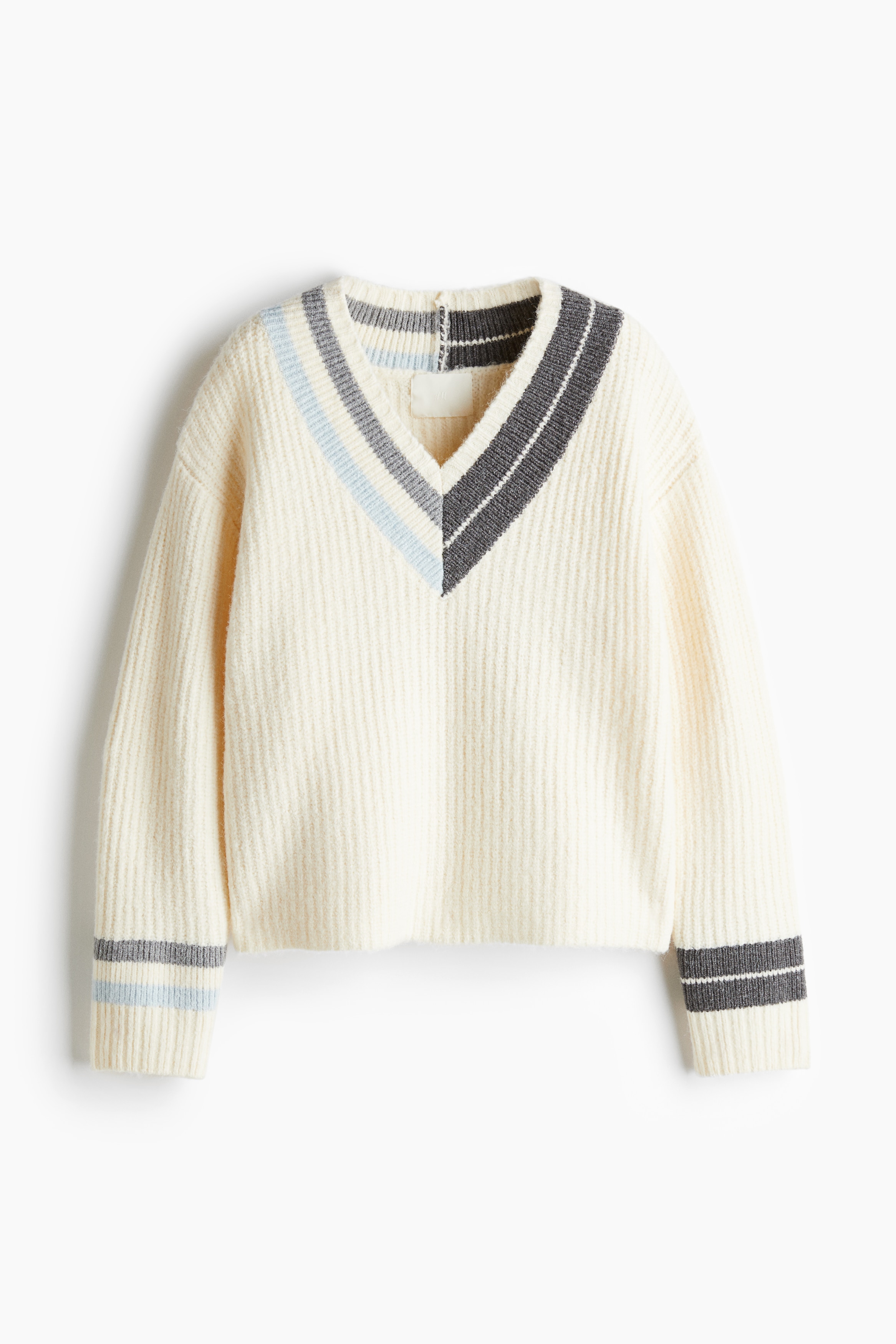 부드러운 리브니트 소재의 긴소매 V넥 스웨터. 드롭 숄더. 이미지