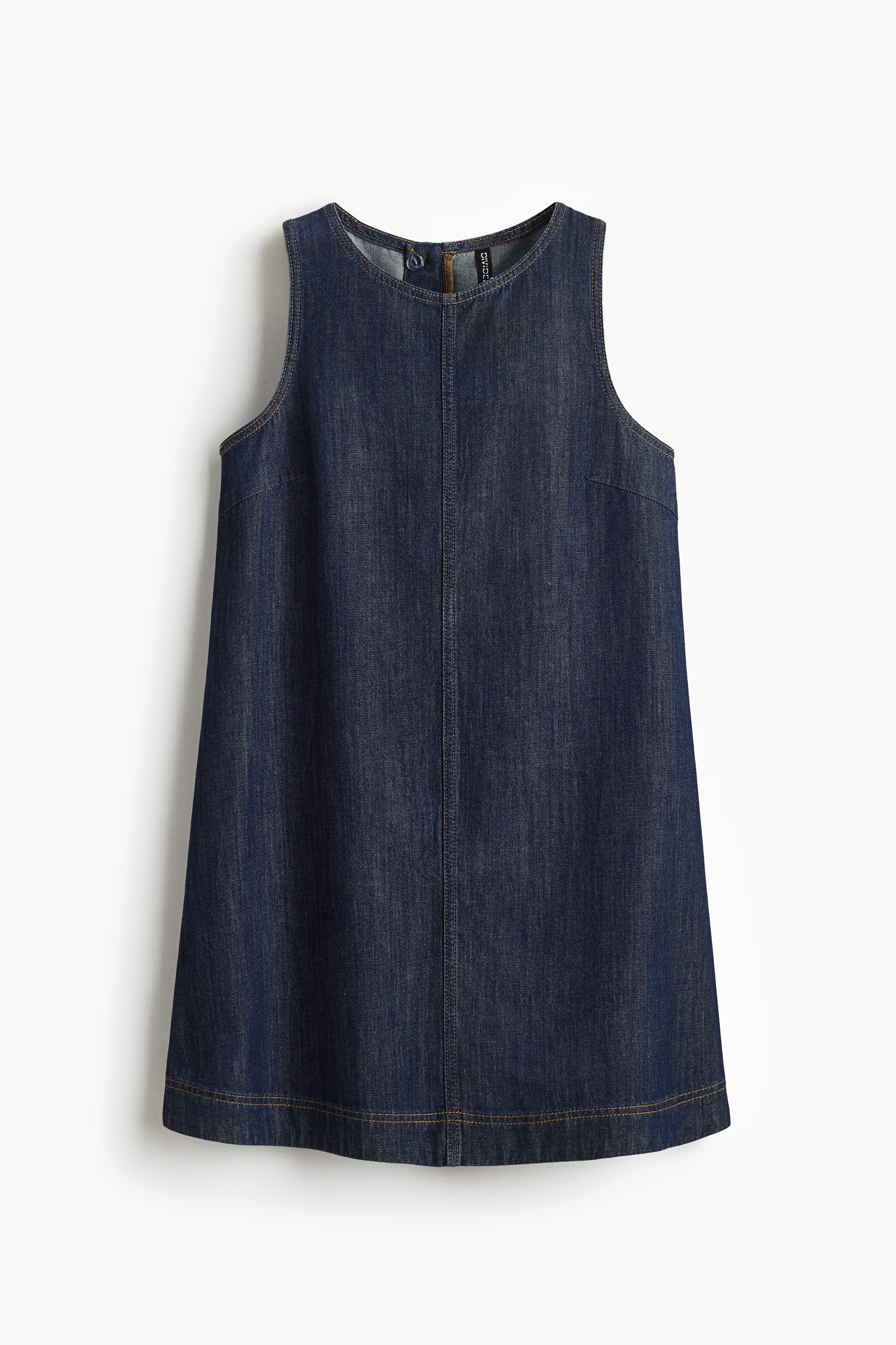 A라인 실루엣의 슬리브리스 미니 드레스. 라운드넥. 뒷면 히든 지퍼와 버튼 클로저. 안감 생략. 이미지