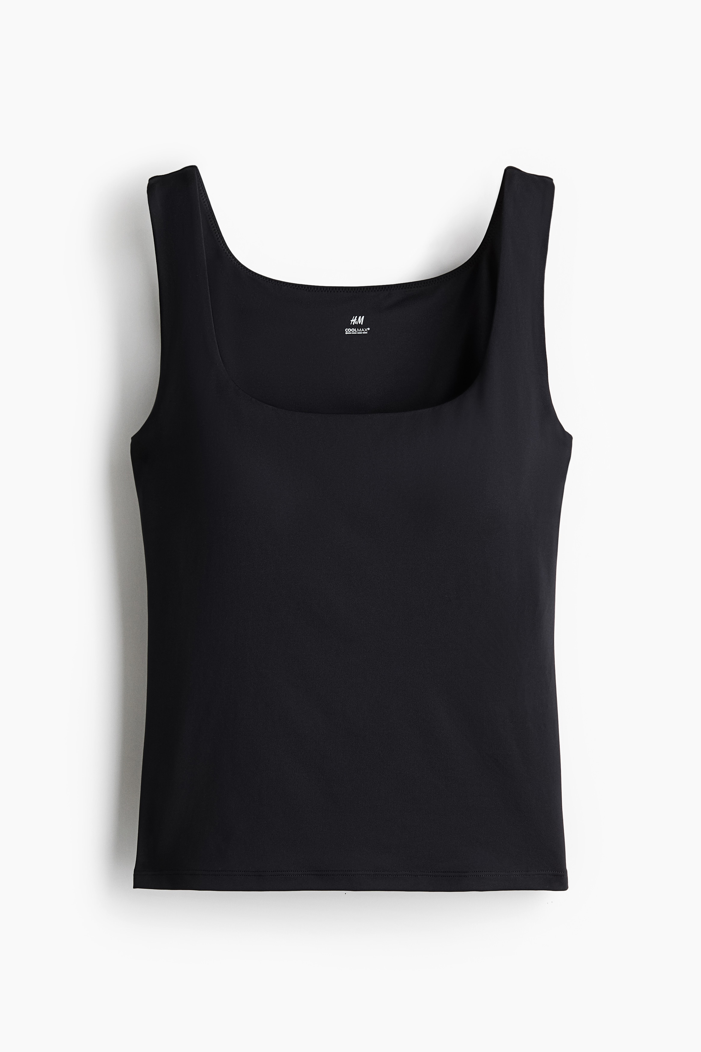 부드러운 저지 소재의 피트되는 슬리브리스 탑. 스퀘어넥. 신축성 아랫단의 이너 브라에 탈부착식 캡이 내장됨. 수분 흡수와 온도 조절을 효율적으로 돕는 퀵드라이 폴리에스터를 사용해 부드럽고 편안한 기능성 COOLMAX® 소재. 이미지