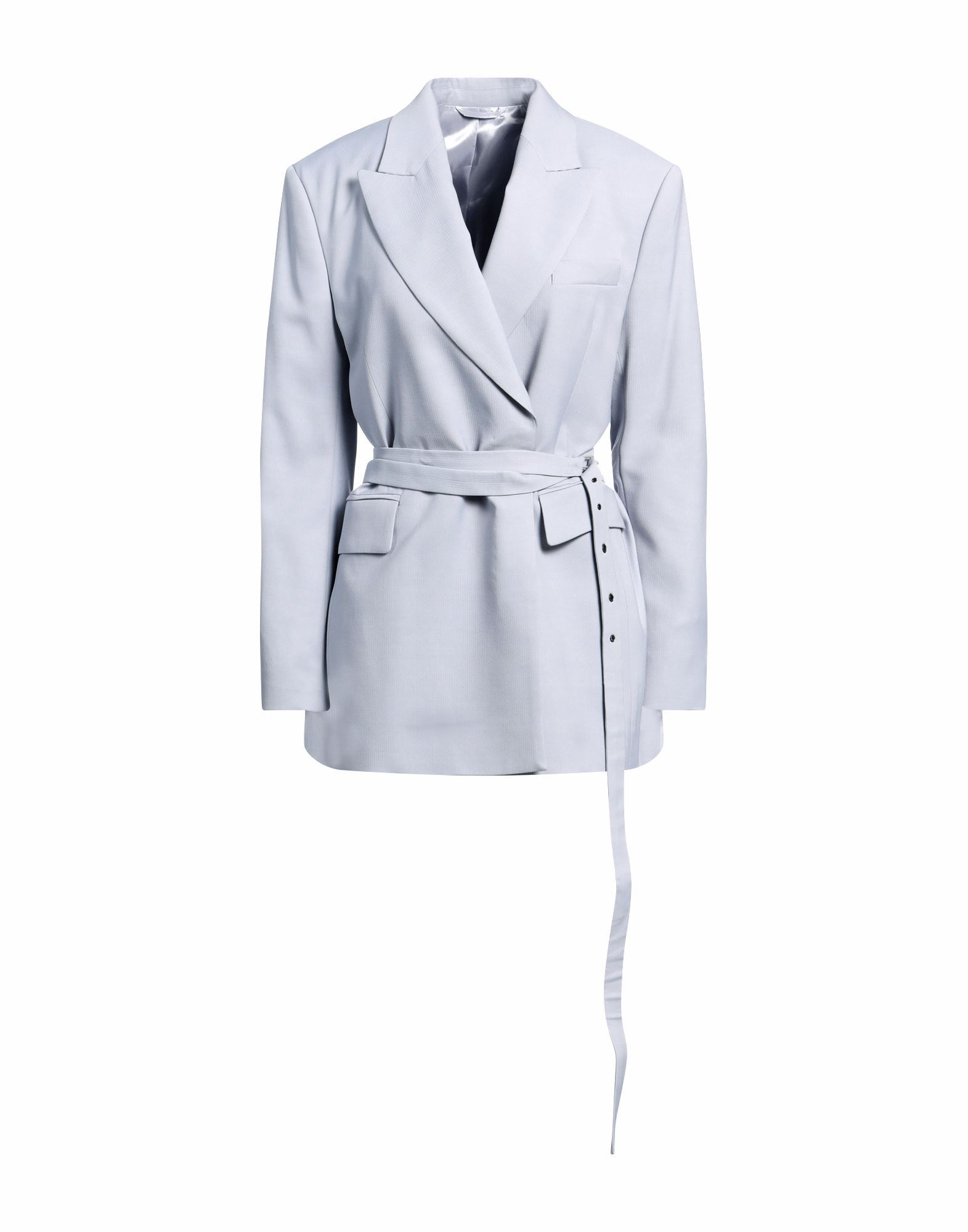 더블 브레스티드 블레이저, 크레이프, 솔리드 컬러, 벨트, 라펠, 롱 슬리브, 안감있음, 버튼 여밈, 포켓 1개, 플랩 포켓, 드라이클리닝, 표백 금지, 건조기 사용불가. 이미지