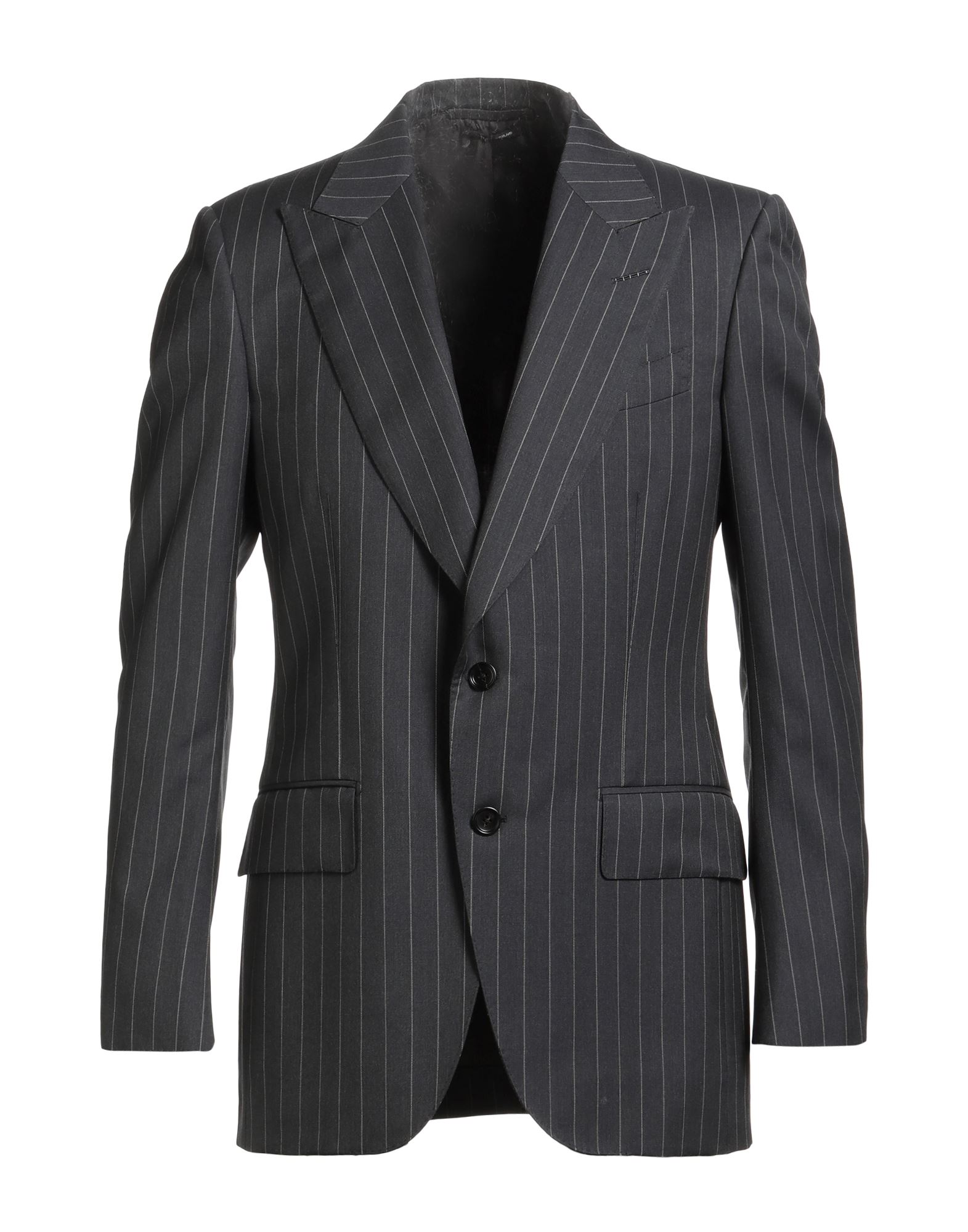 싱글 브레스티드 블레이저, 울 보일, 핀스트라이프, 장식 부착 없음, 라펠, 롱 슬리브, 안감있음, 버튼 여밈, 플랩 포켓, 내부 포켓, 백 슬릿, 드라이클리닝, 표백 금지, 건조기 사용불가, 오피스 룩이나 특별한 날에 적합한 품격 있는 포멀 스타일. 이미지