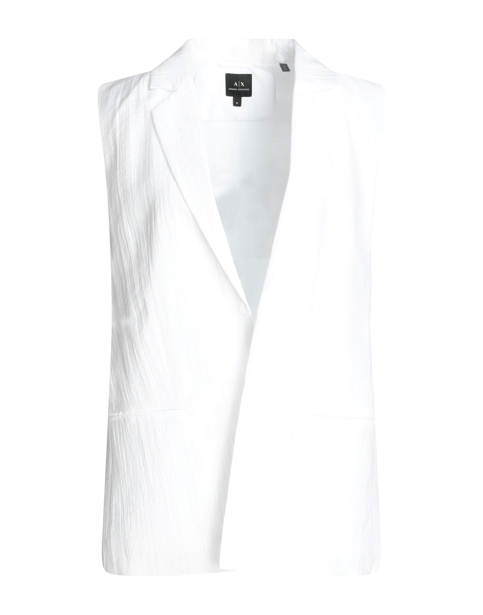 우븐, 구김 효과, 브랜드 로고, 솔리드 컬러, 라펠, 싱글브레스티드, 슬리브리스, 안감있음, 멀티 포켓, 사이드 슬릿 헴라인, 싱글브레스티드 자켓. 이미지