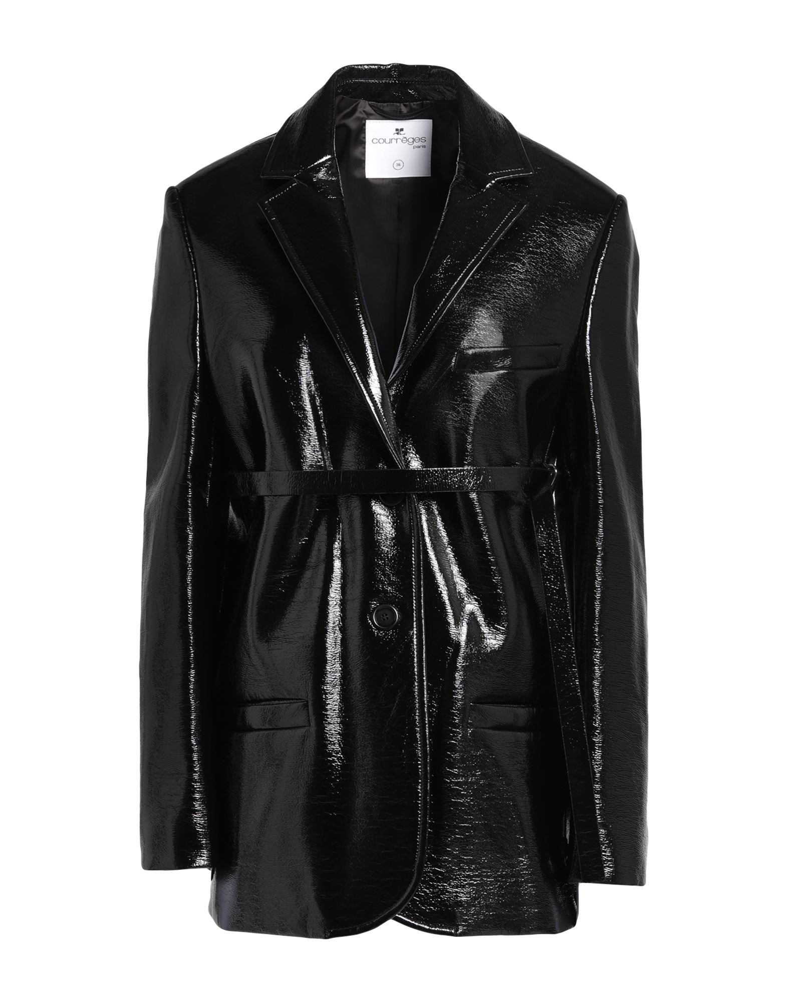 싱글 브레스티드 블레이저, 인조가죽, 페이턴트 효과, 스트레치 패브릭, 솔리드 컬러, 벨트, 라펠, 롱 슬리브, 안감있음, 버튼 여밈, 멀티 포켓, 드라이클리닝 금지, 표백 금지, 건조기 사용불가, 다림질 금지. 이미지