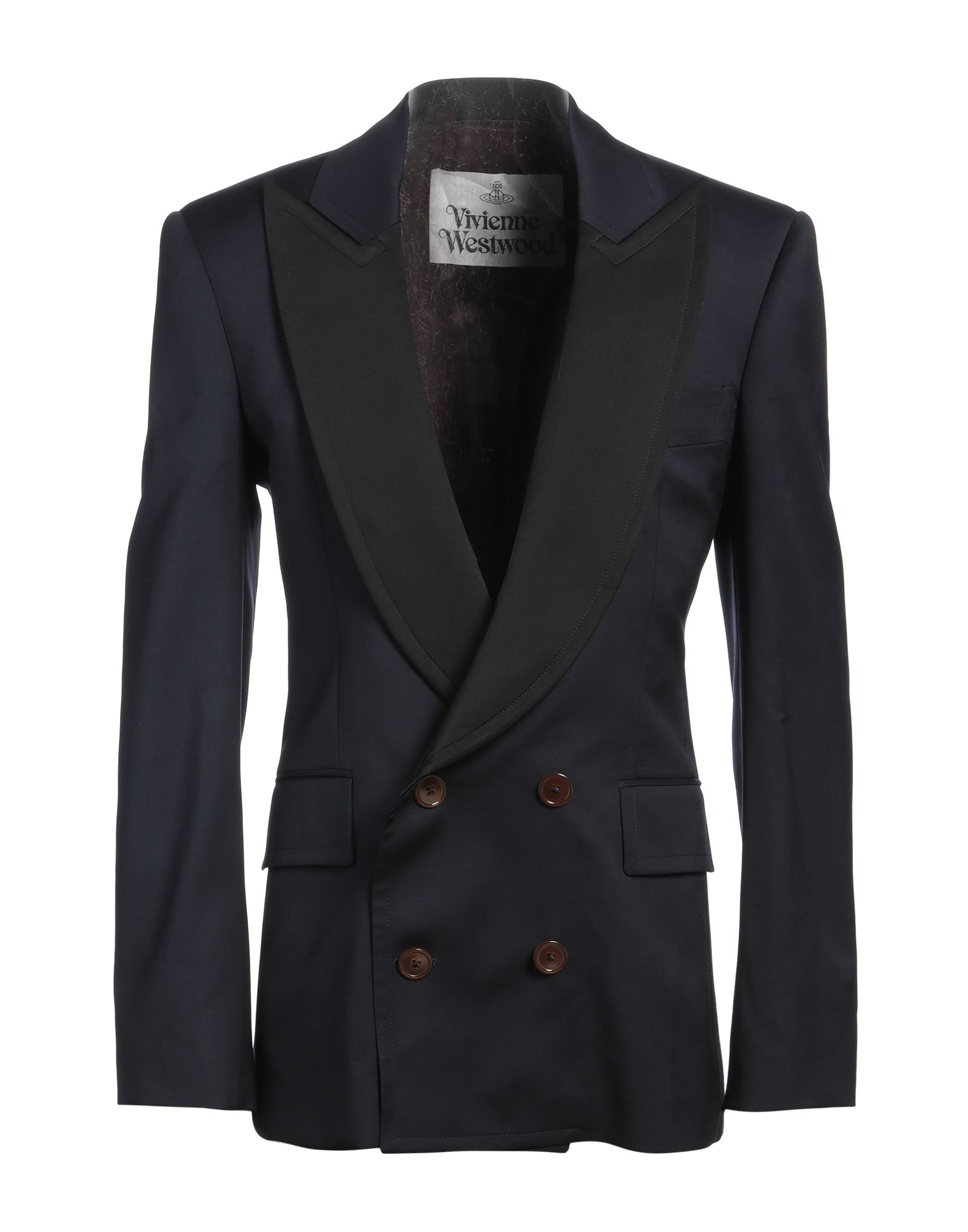 더블 브레스티드 블레이저, 울 보일, 새틴, 투톤 패턴, 장식 부착 없음, 라펠, 롱 슬리브, 안감있음, 버튼 여밈, 멀티 포켓, 드라이클리닝, 표백 금지, 건조기 사용불가. 이미지