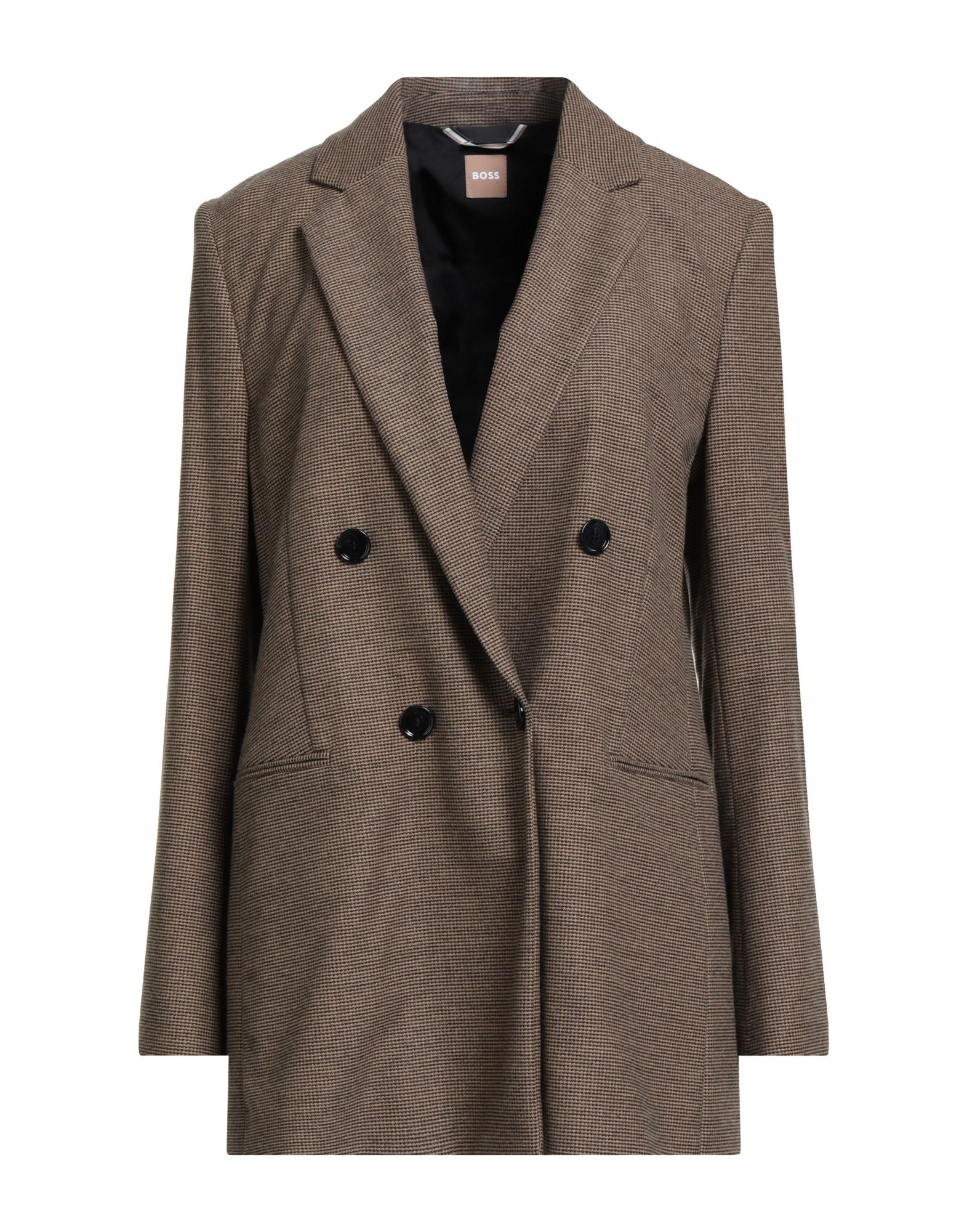 싱글 브레스티드 블레이저, 플란넬, 하운드투스, 장식 부착 없음, 라펠, 롱 슬리브, 부분적으로 안감 처리한 내부, 버튼 여밈, 멀티 포켓, 스트레치, 드라이클리닝, 표백 금지, 건조기 사용불가, 편안함과 우아함이 결합된 격식을 갖춘 세련된 포멀 오피스 룩. 이미지