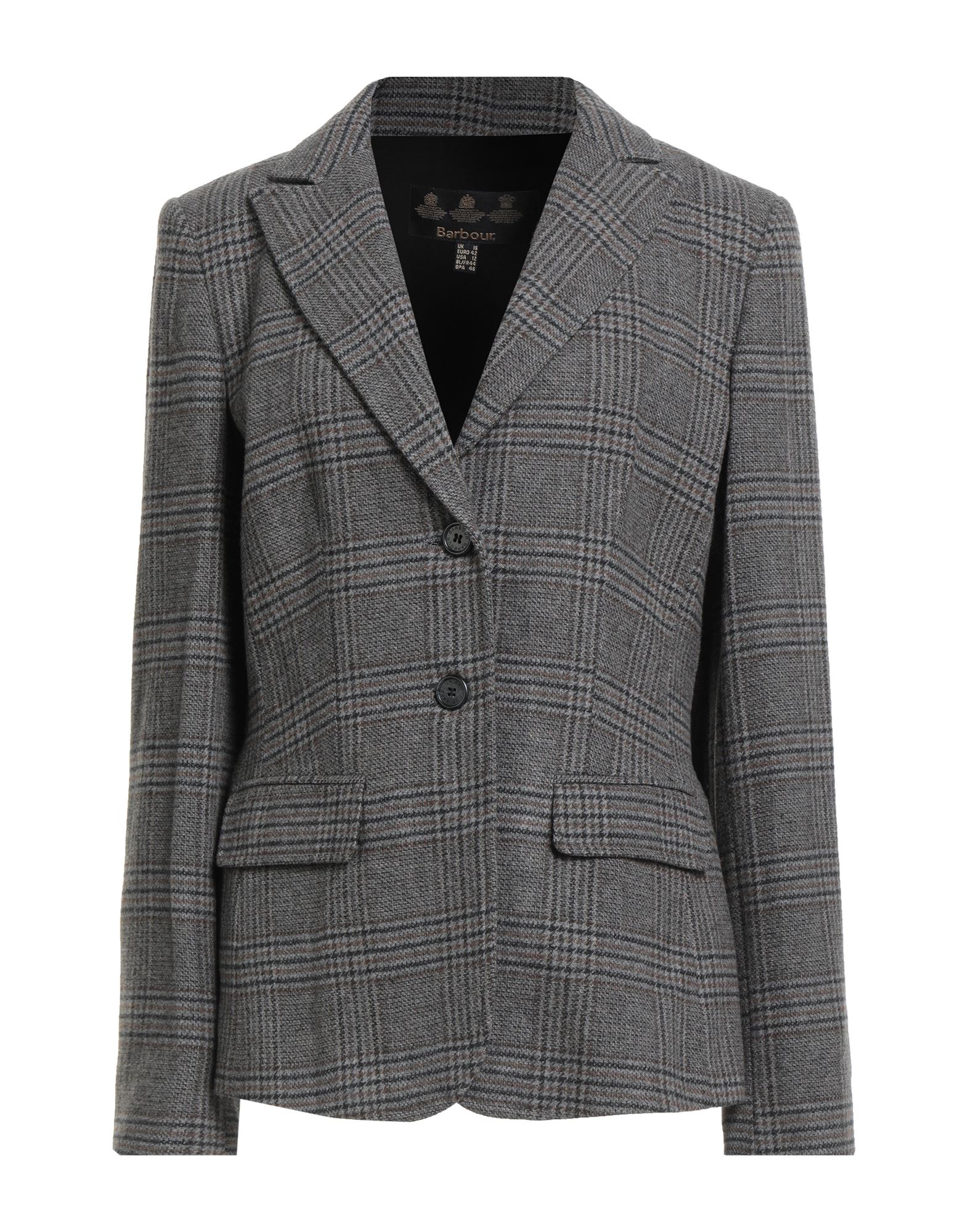 싱글 브레스티드 블레이저, 플란넬, 프린스 오브 웨일스, 장식 부착 없음, 라펠, 롱 슬리브, 버튼 커프스, 안감있음, 버튼 여밈, 플랩 포켓, 드라이클리닝, 표백 금지, 건조기 사용불가, 편안함과 우아함이 결합된 격식을 갖춘 세련된 포멀 오피스 룩. 이미지