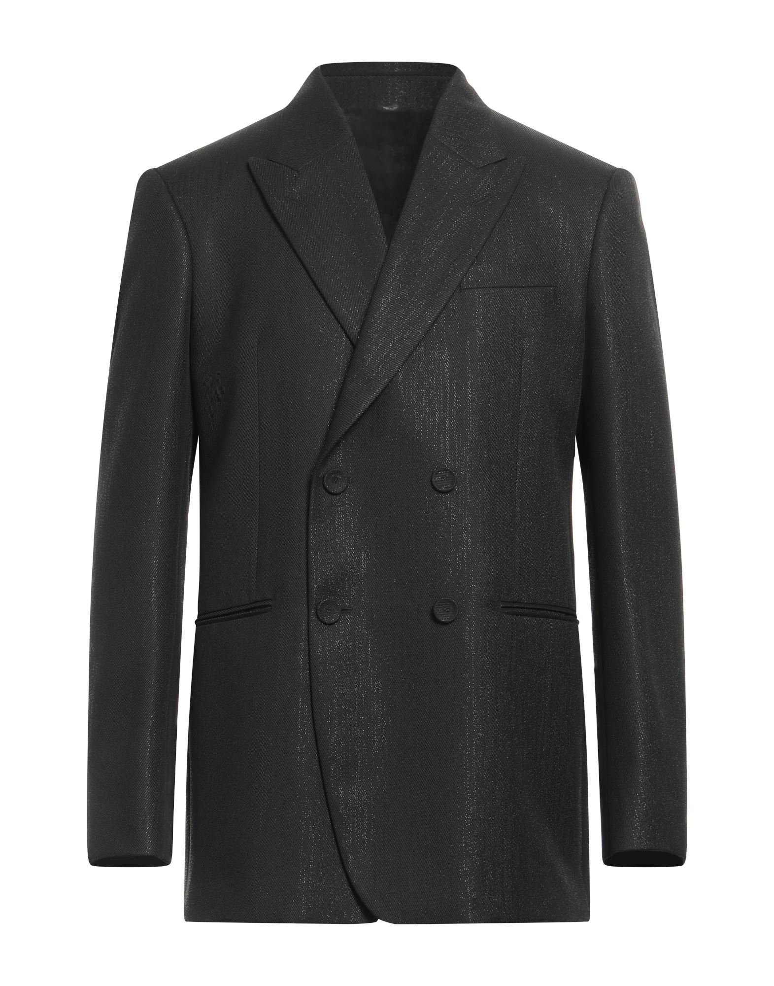 더블 브레스티드 블레이저, 개버딘, 메탈릭 효과, 솔리드 컬러, 장식 부착 없음, 라펠, 롱 슬리브, 어깨 패드, 안감있음, 버튼 여밈, 웰트 포켓, 백 슬릿, 드라이클리닝, 표백 금지, 건조기 사용불가. 이미지