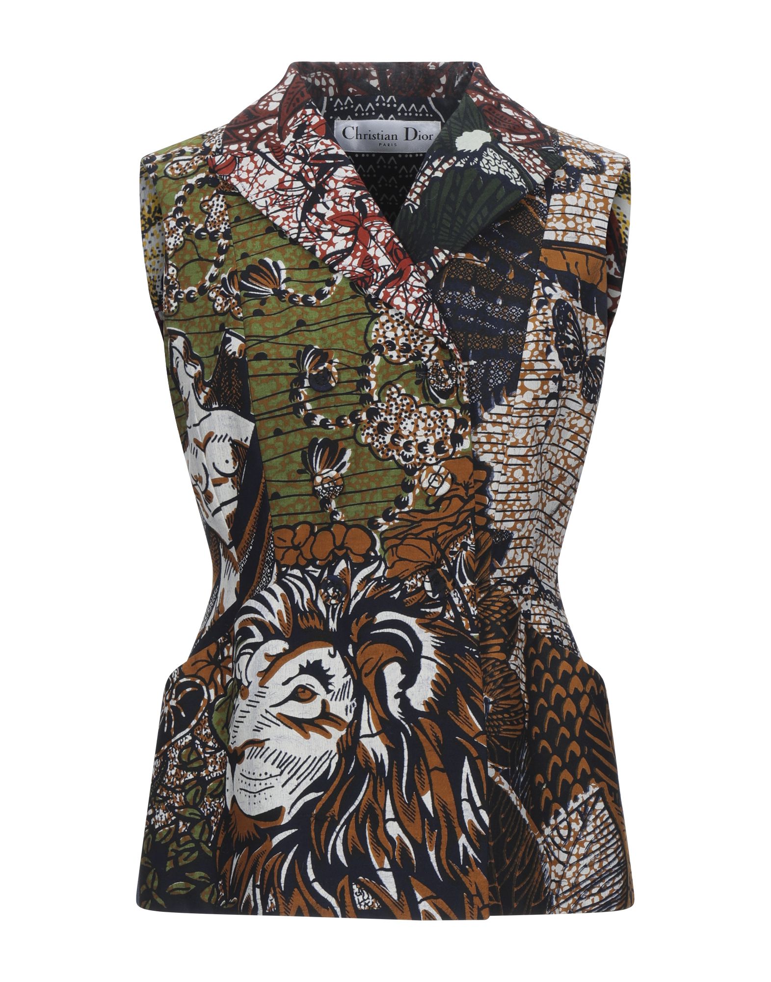 더블브레스티드 자켓, 평직, 장식 부착 없음, 플로럴 모티브, 라펠, 슬리브리스, 안감없음, 버튼 여밈, 멀티 포켓, 스몰 핏. 이미지